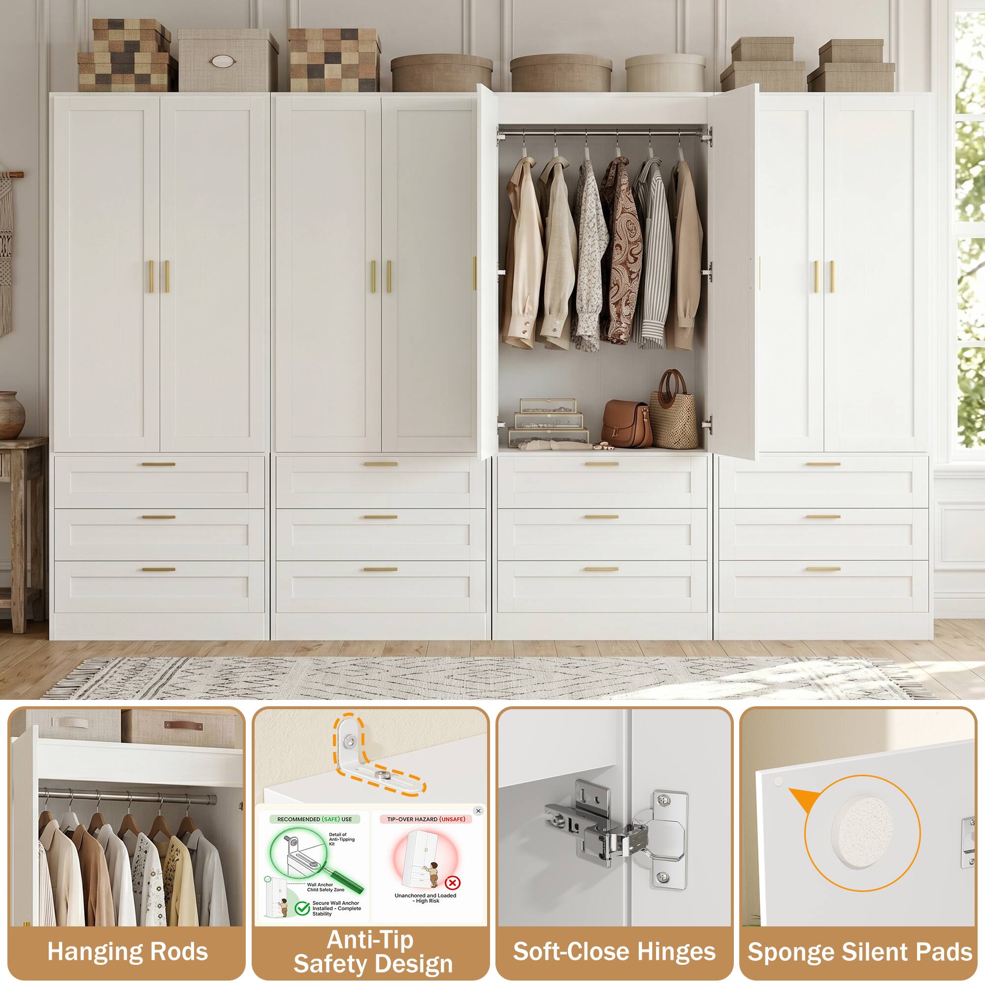 COE N I S : A : : - - d 1 : 1 - - - - Cd | - : - - : - - Hanging Rods Anti-Tip Safety Design Soft-Close Hinges Sponge Silent Pads
