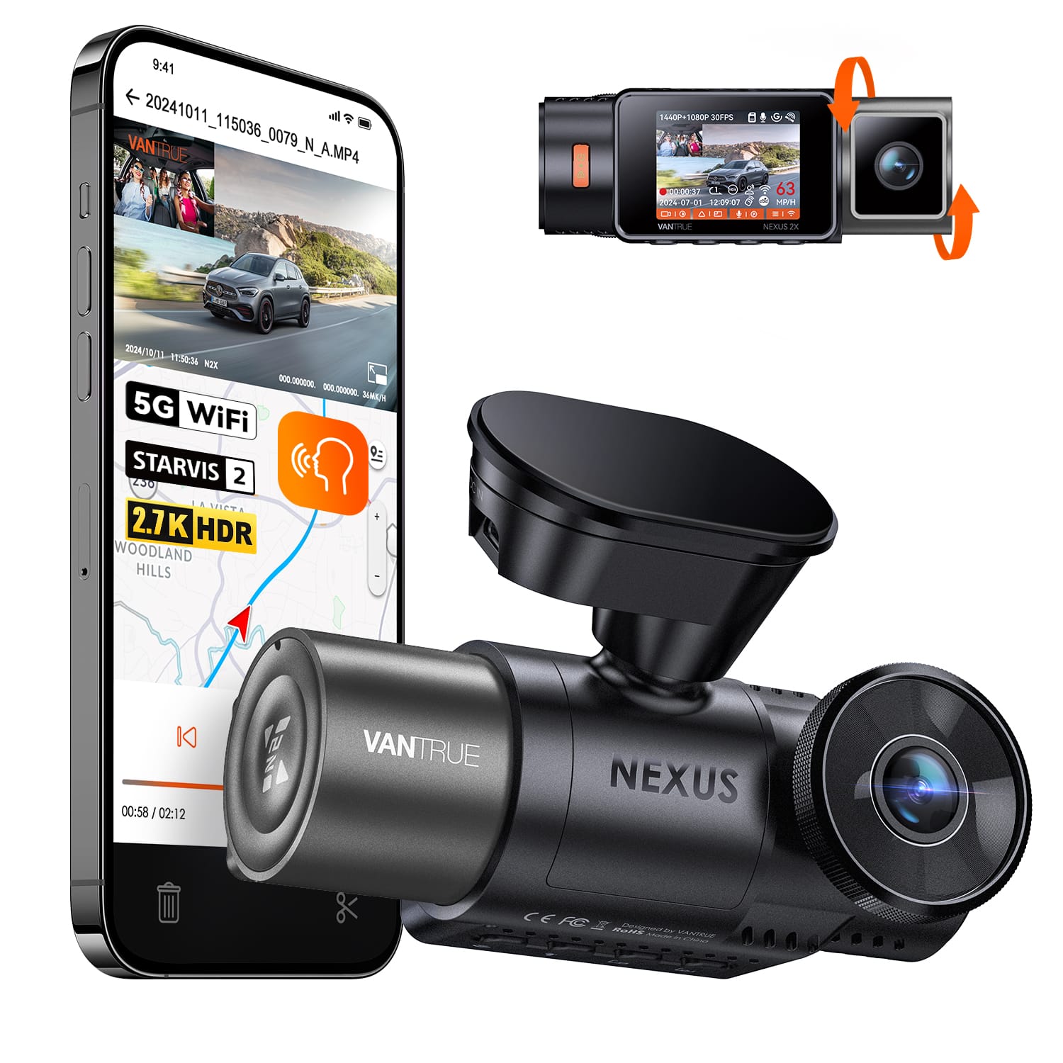 Vantrue - N2X 3K HDR Front&Cabin Dashcam, Night Vision, Parking Mode, Voice Commands, 5GHz Wi-Fi & GPS, Mobile App - Black