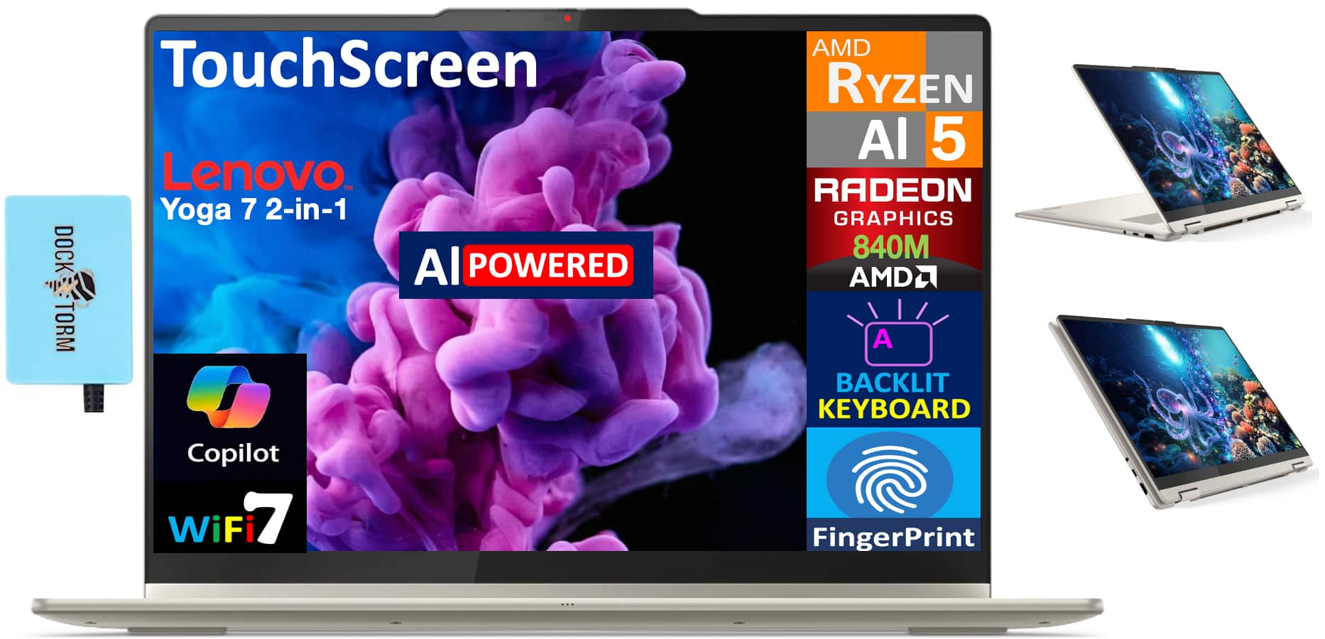 Lenovo - Yoga 7 2-in-1 Laptop 16.0 WUXGA (AMD Ryzen AI 5 340, 16GB LPDDR5X, Win 11 Pro) w/USB Hub - Seashell