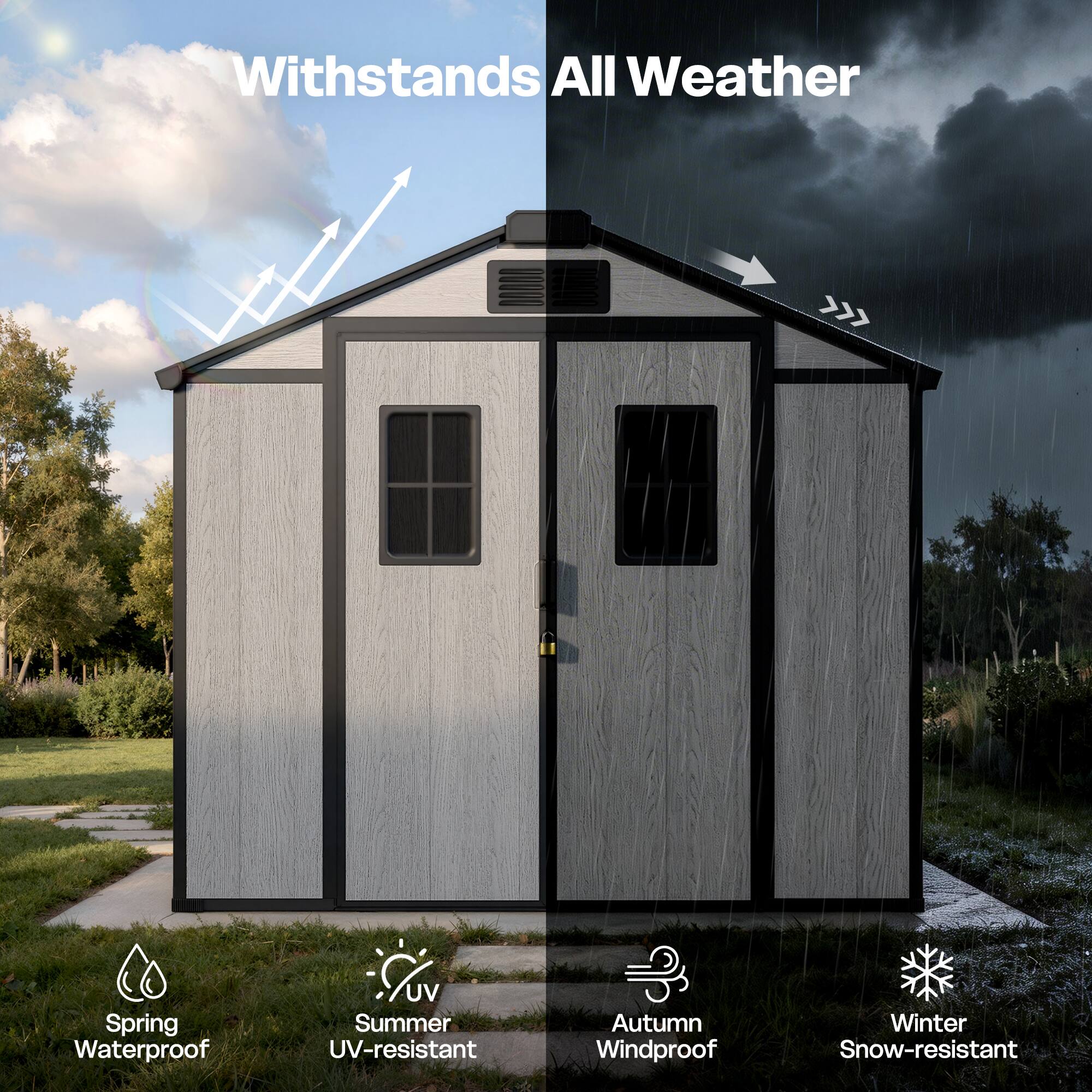 Withstands All Weather

- Spring Waterproof
- Summer UV-resistant
- Autumn Windproof
- Winter Snow-resistant