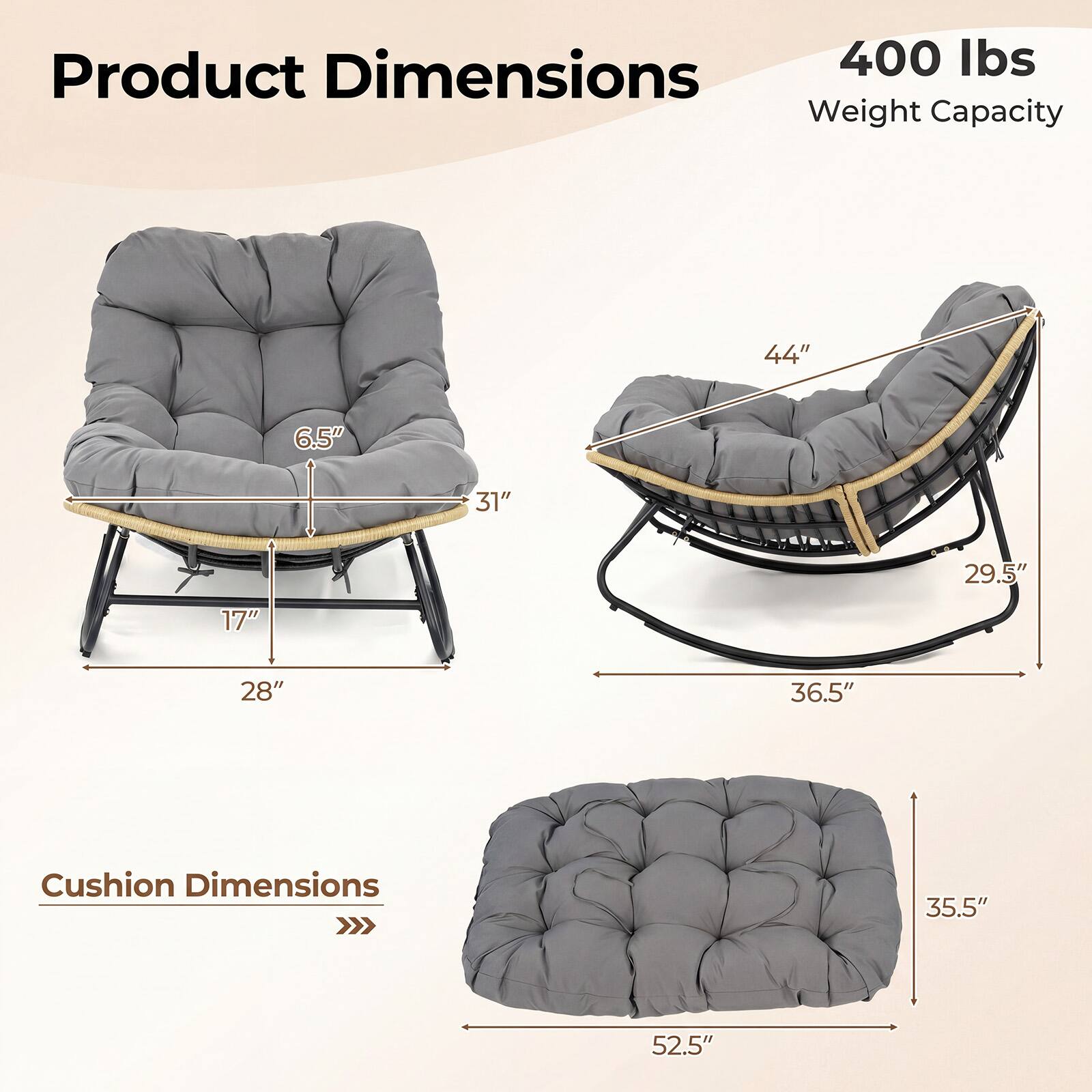 Product Dimensions: 400 lbs Weight Capacity  
44" x 6.5" x 31" x 17" x 28" x 36.5"  
Cushion Dimensions: 35.5" x 52.5"