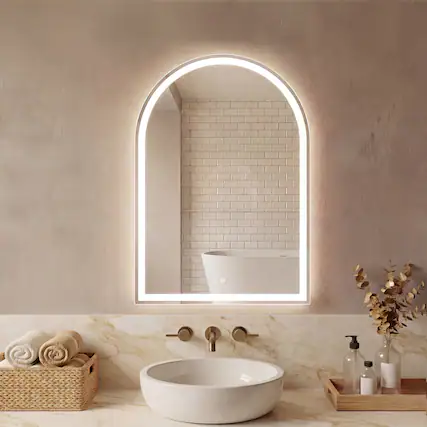 Front. Sweetcrispy - 24in x 32in Frameless Arch Bathroom Mirror with Dimmable LED Light & Anti-Fog, Wall-Mounted Modern Vanity Mirror - White.