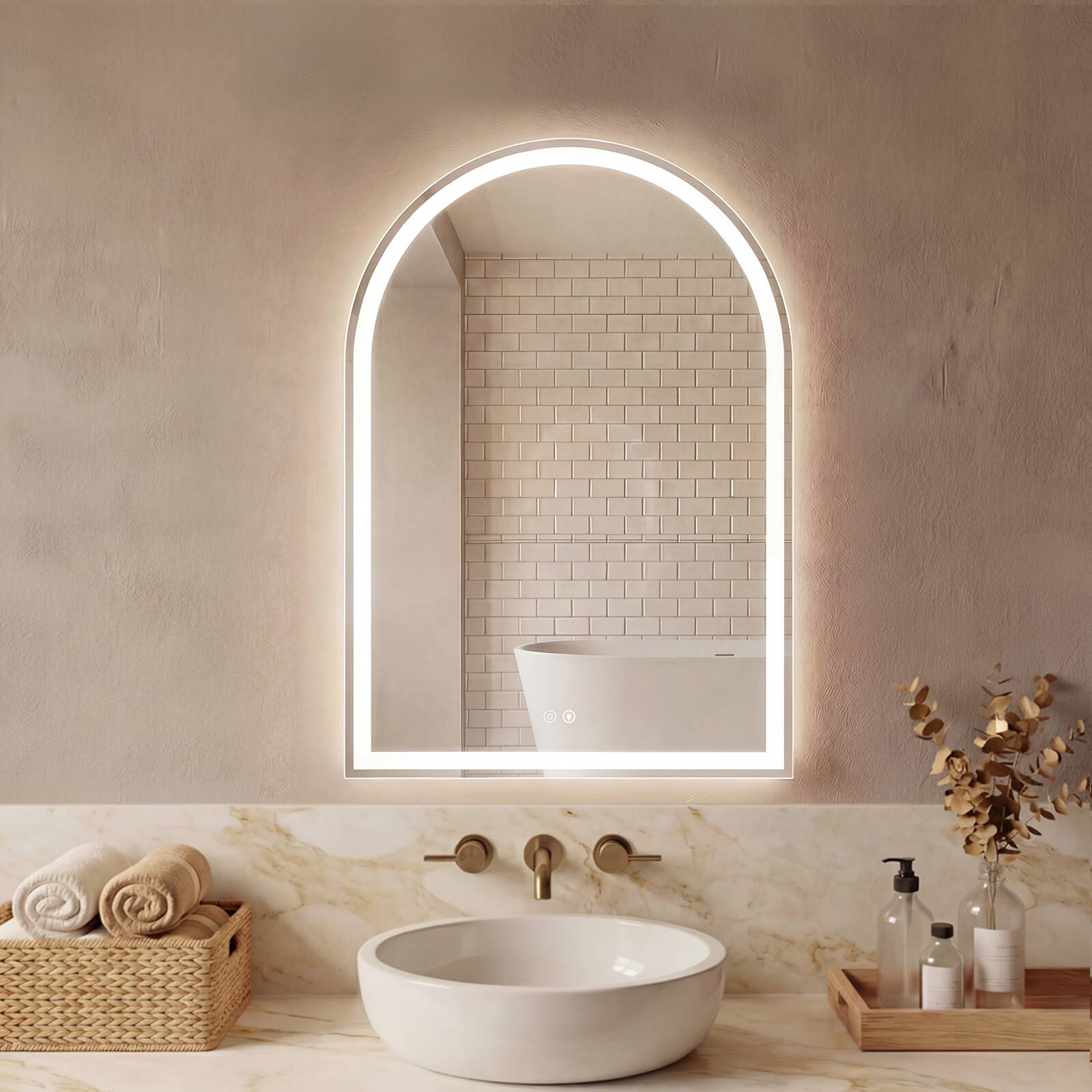 Front. Sweetcrispy - 24in x 32in Frameless Arch Bathroom Mirror with Dimmable LED Light & Anti-Fog, Wall-Mounted Modern Vanity Mirror - White.
