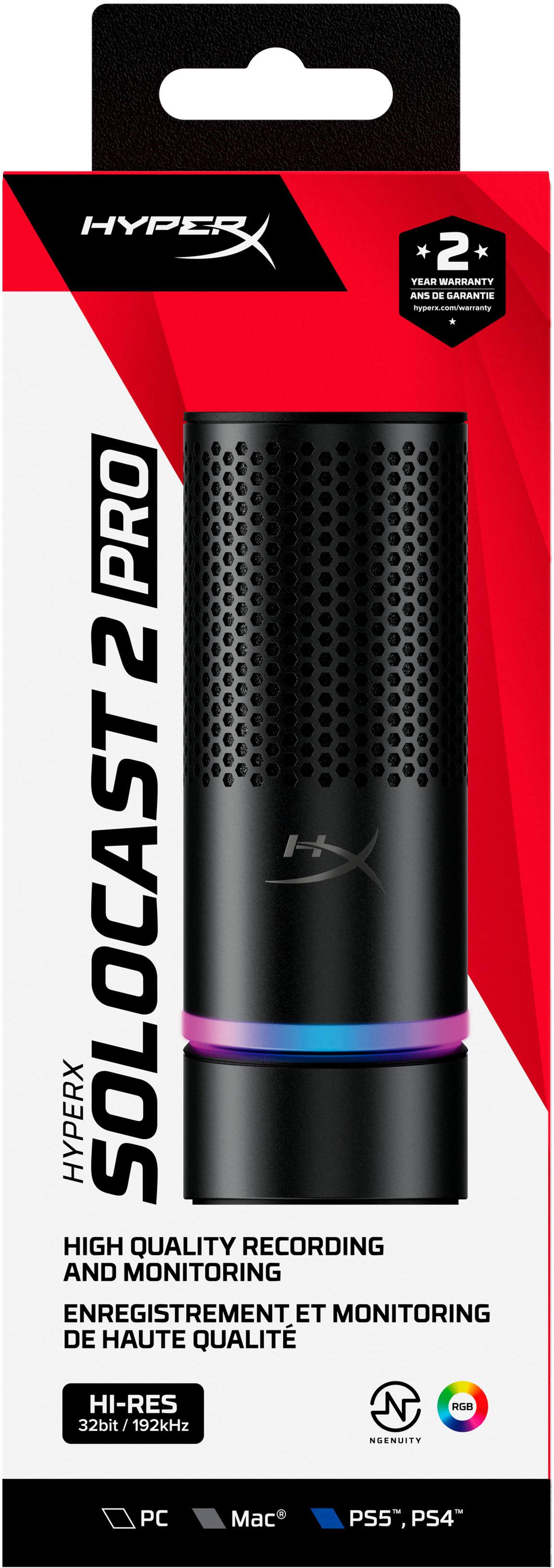 HYPERX  
2 YEAR WARRANTY / 2 ANS DE GARANTIE  
hyperx.com/warranty  

SOLOCAST 2 PRO  
HIGH QUALITY RECORDING AND MONITORING / ENREGISTREMENT ET MONITORING DE HAUTE QUALITÉ  
HI-RES 32bit/192kHz  

GENUITY  
RGB  

PC  
Mac  
PS5, PS4