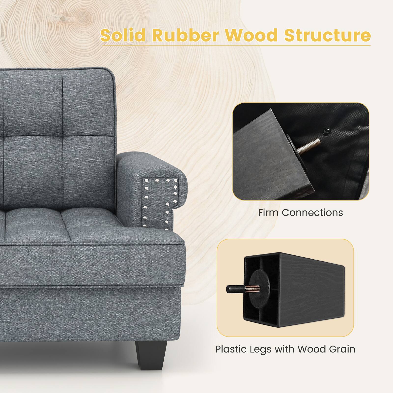Solid Rubber Wood Structure, Firm Connections, Plastic Legs with Wood Grain