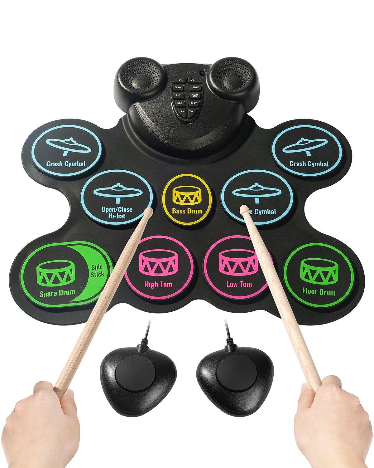 Glintex - Electric Drum Set 9 Pads Roll-up Electronic Drum Practice Pad with Speakers Pedals MIDI Drumsticks for Kids 3+ - Black
