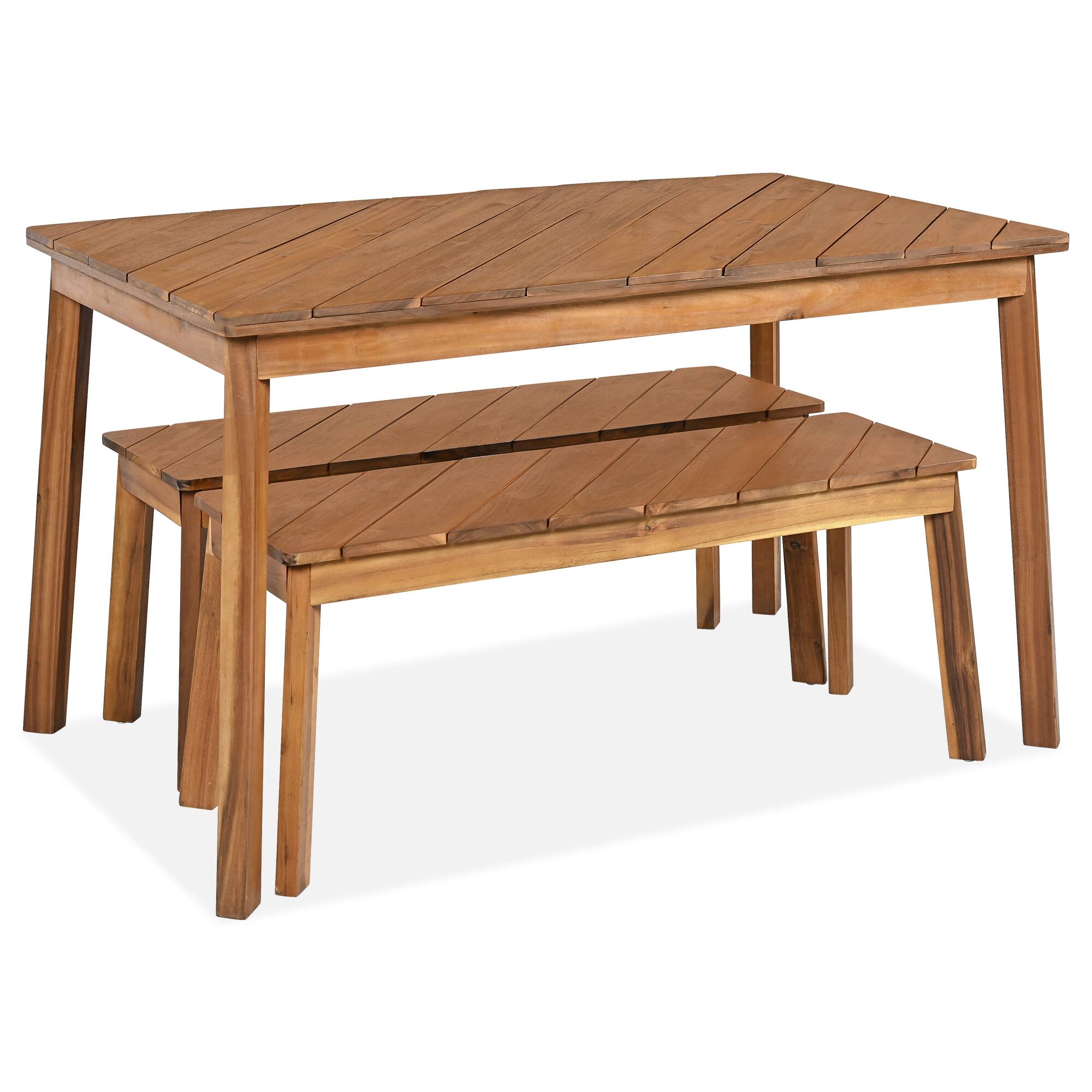 Left. Whisen - 3-Piece Solid Acacia Wood Dining Set with Table and Two Benches for Patio, Porch & Garden - Natural.