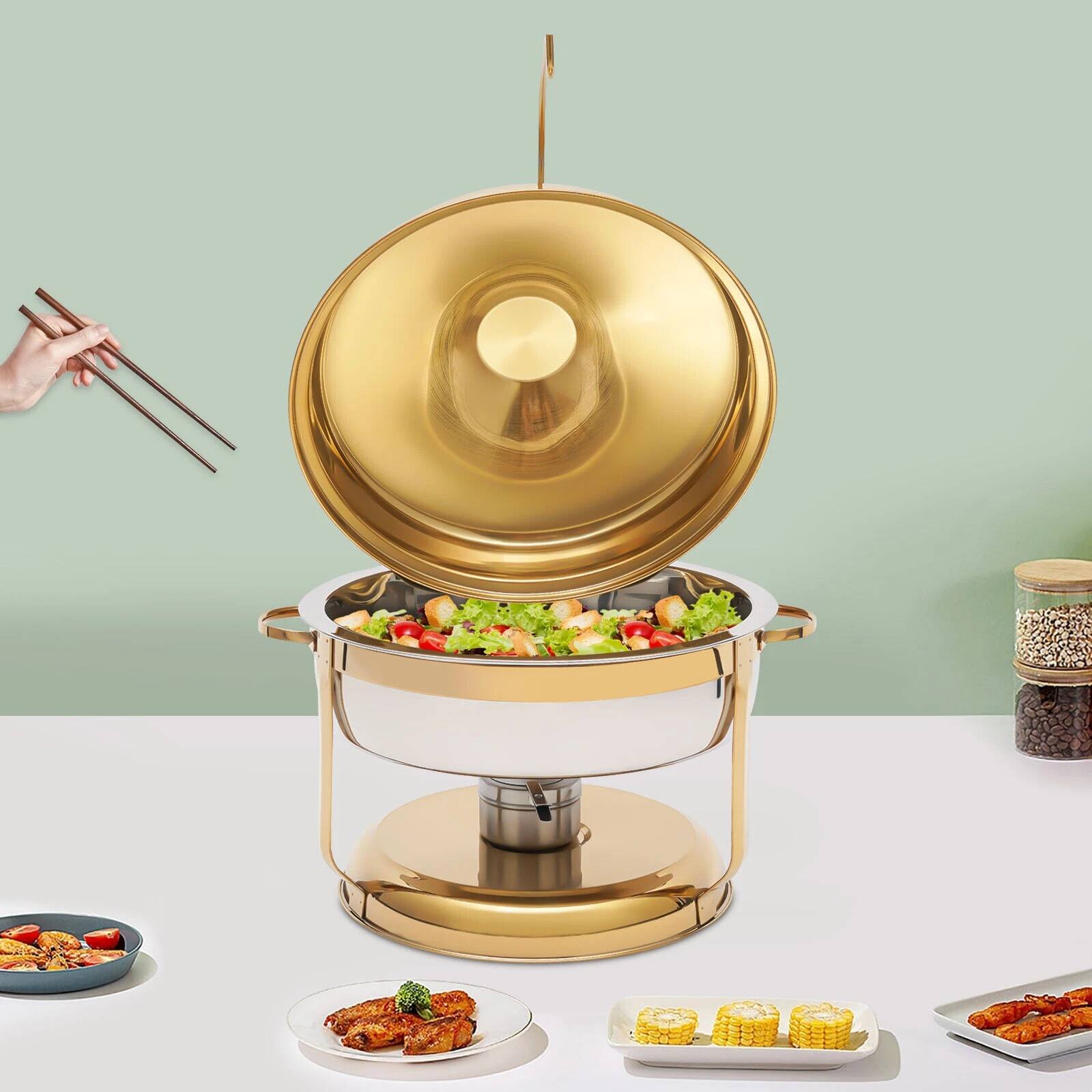 Angle. Home Collection - 9L Round Chafing Dish Food Warmer Server Dish with Top Lid – Stainless Steel Buffet Server - Gold.