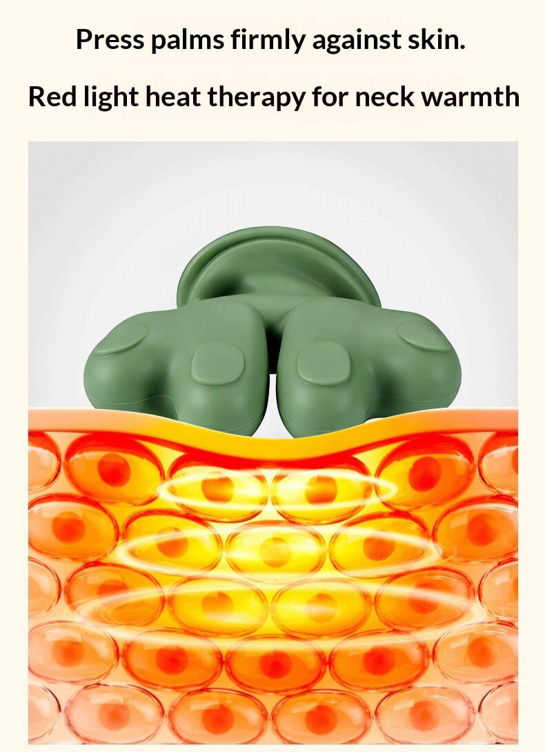 Press palms firmly against skin.  
Red light heat therapy for neck warmth.