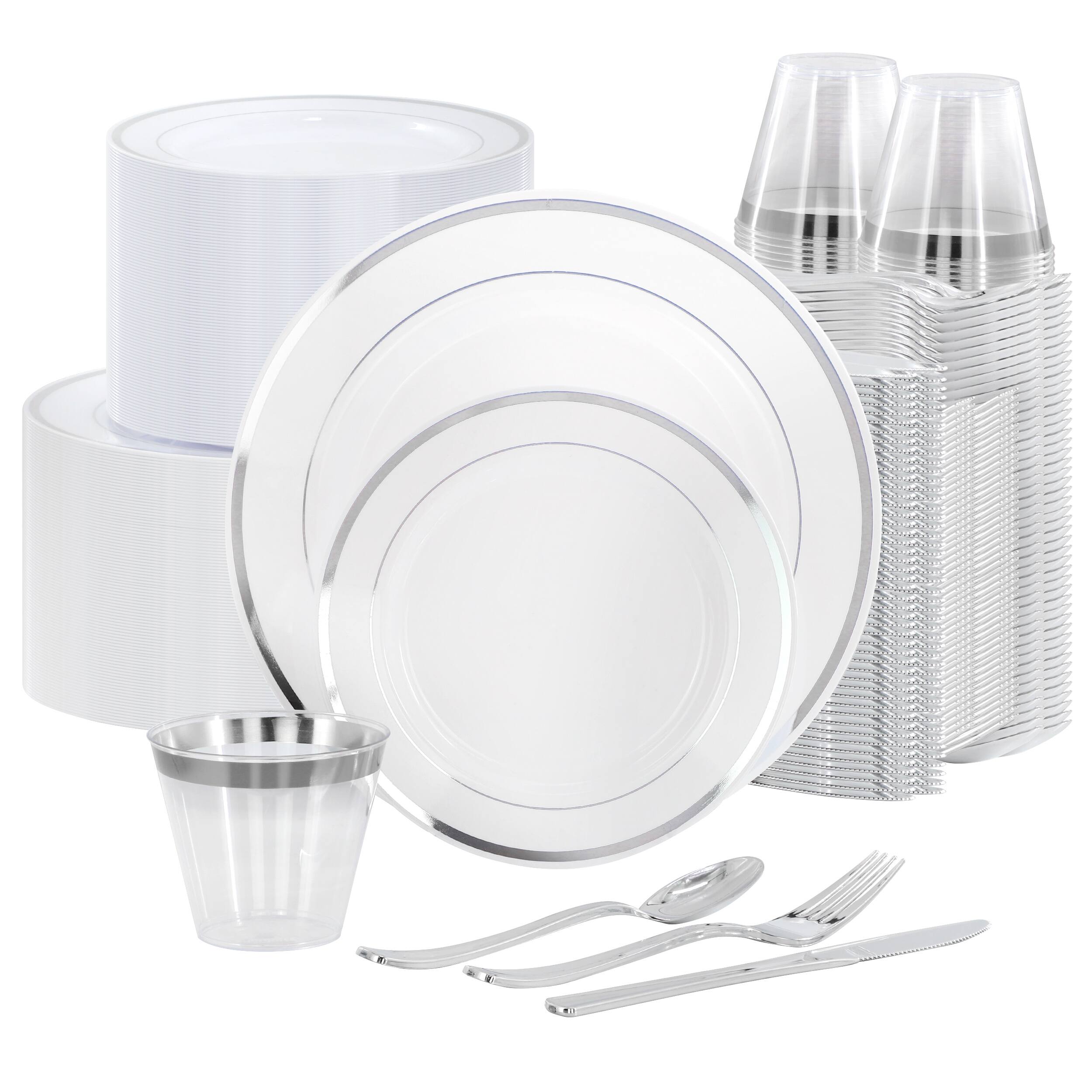 Alt View 7. Elama - Elama 600 Piece Disposable Plastic Dinnerware Party Set for 100 Guests in White with Silver Trim - White.