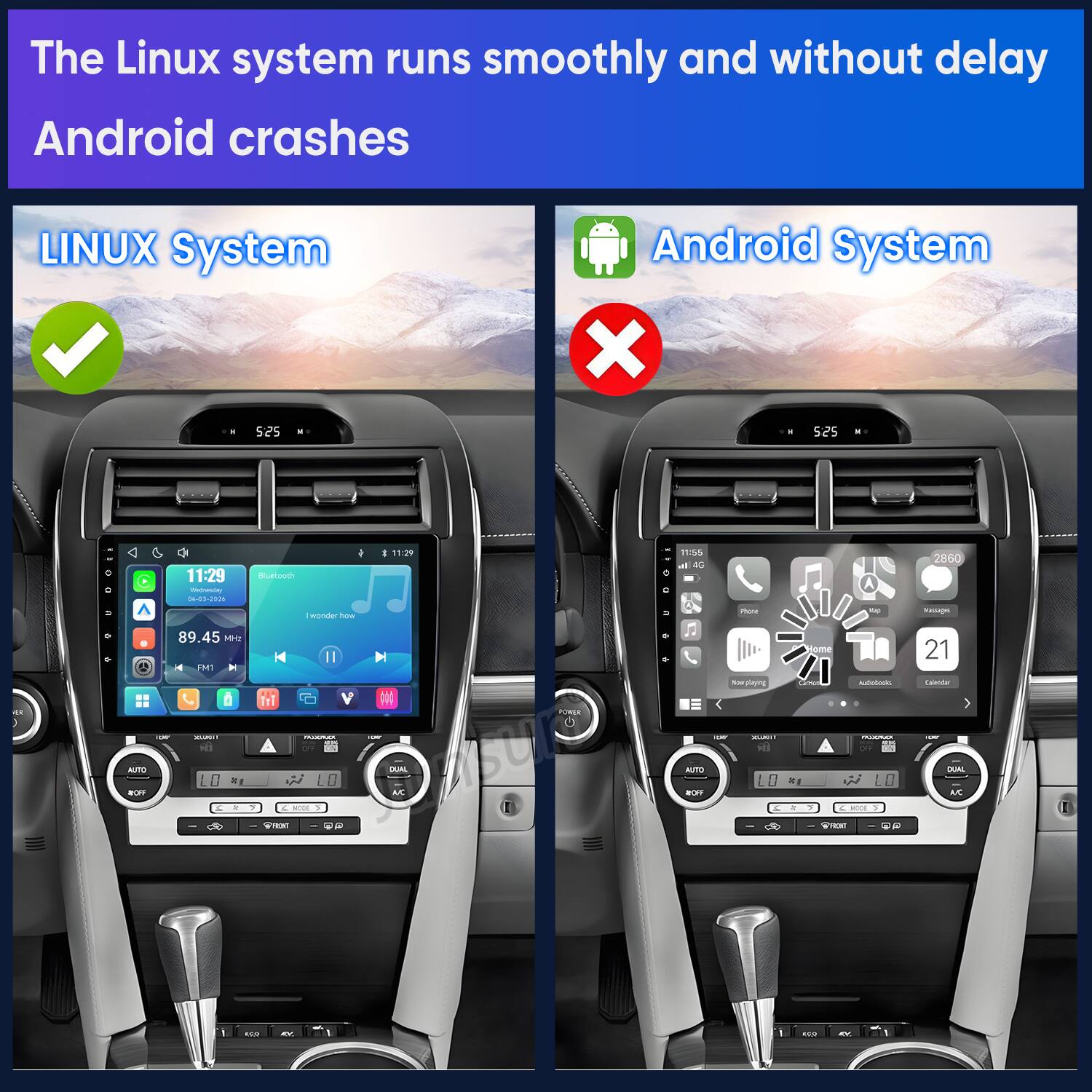 The Linux system runs smoothly and without delay Android crashes

LINUX System
Android System

5:25
11:29 Webenday 06-013-2004
Bluetooth wonder how
11:29
11:55 4G
Photo
top
2860 Messages
89.45 MHz FM1
Home
21
tow playing
Carbion
audiobooks
Caledar

POWER
xuaron
PARIUSA OF
LIV
OF
THAUX 
PRODUCT OFF
TOP
AUTO ROFF
X1 2
> 1
c MODE 5 1
DUAL AC
AUTO #OFF
N
1
MODE 1 :
DUAL AC
Ston

PRONT
20

RX
000