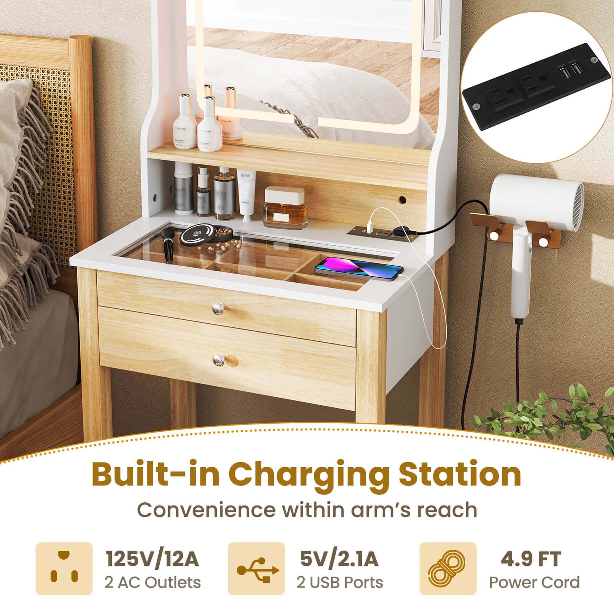 Built-in Charging Station  
Convenience within arm's reach  

125V/12A  
2 AC Outlets  

5V/2.1A  
2 USB Ports  

4.9 FT Power Cord