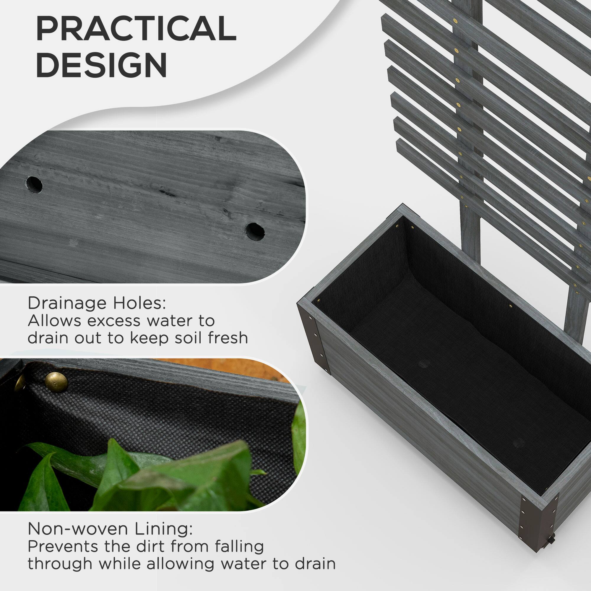 **PRACTICAL DESIGN**

- **Drainage Holes:** Allows excess water to drain out to keep soil fresh.
- **Non-woven Lining:** Prevents the dirt from falling through while allowing water to drain.