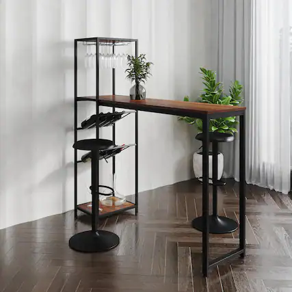 Front. Emma + Oliver - Modern Freestanding Metal Bar Table with Bottle and Stemware Storage - Walnut Top/Black Frame.