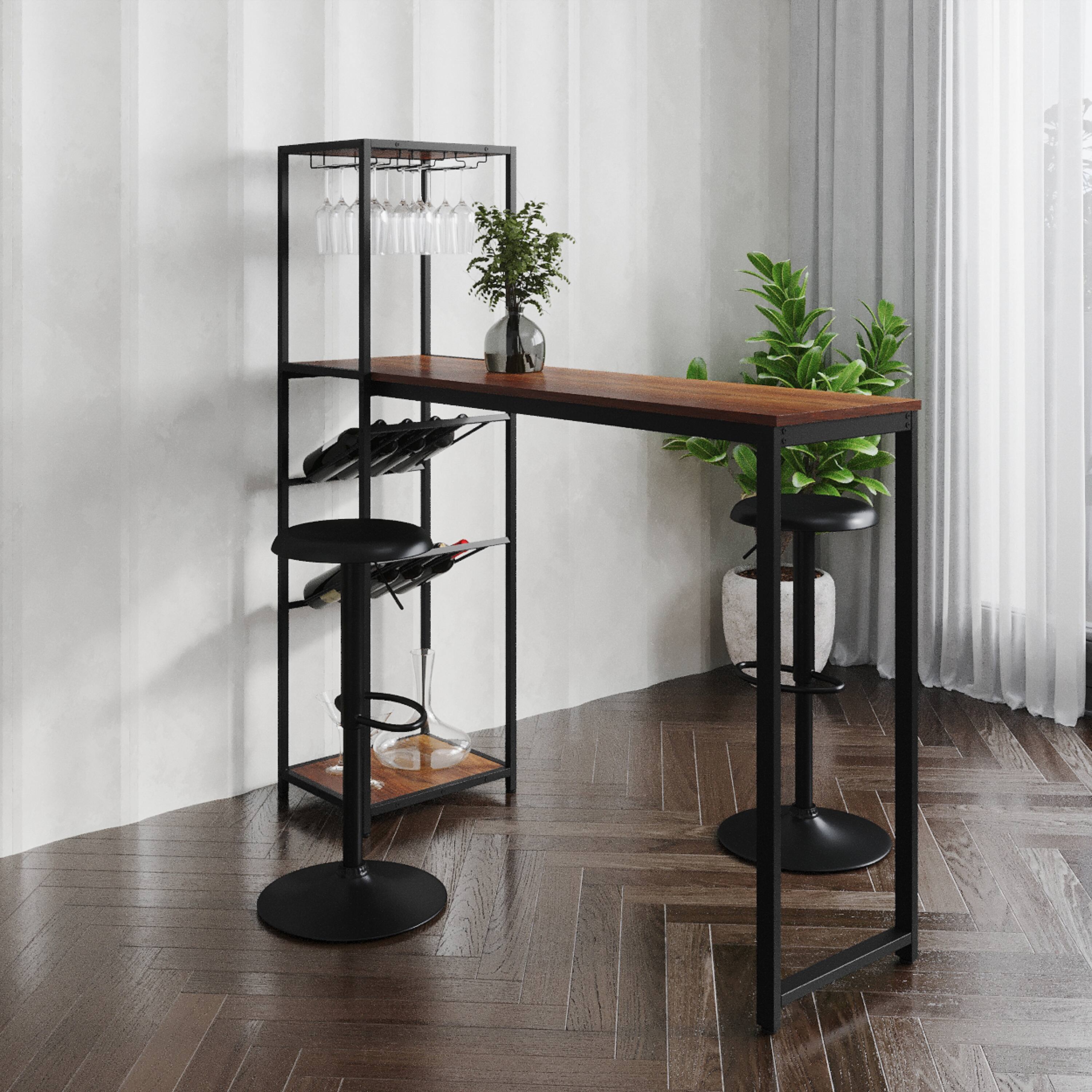 Front. Emma + Oliver - Modern Freestanding Metal Bar Table with Bottle and Stemware Storage - Walnut Top/Black Frame.