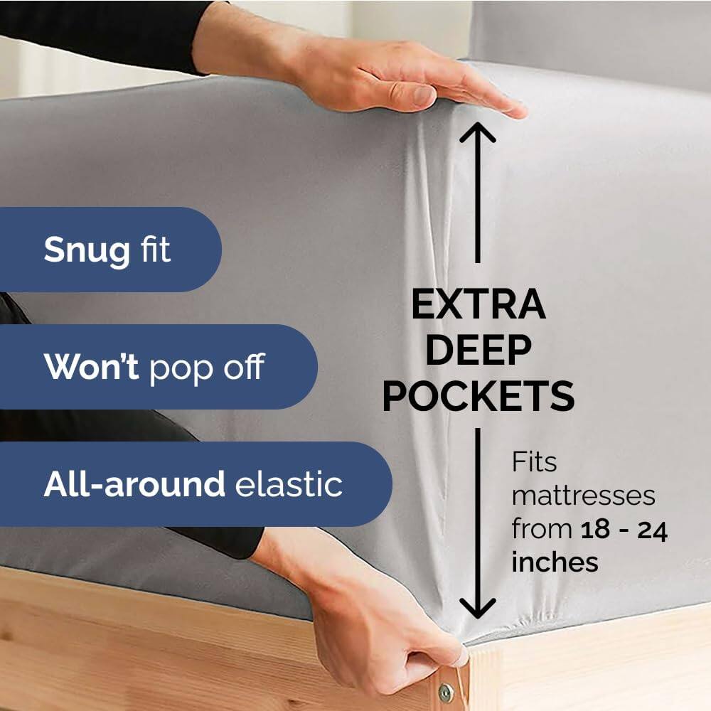 Snug fit  
Won't pop off  
EXTRA DEEP POCKETS  
All-around elastic  
Fits mattresses from 18 - 24 inches
