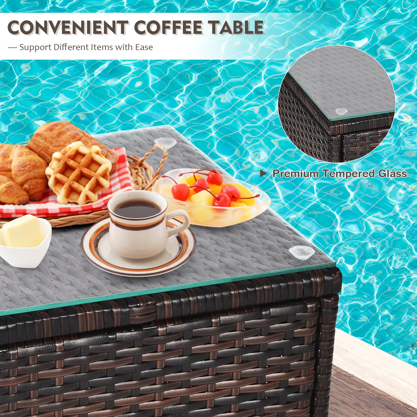The text on the image reads "Convenient Coffee Table Support Different Items with Ease Premium Tempered Glass".