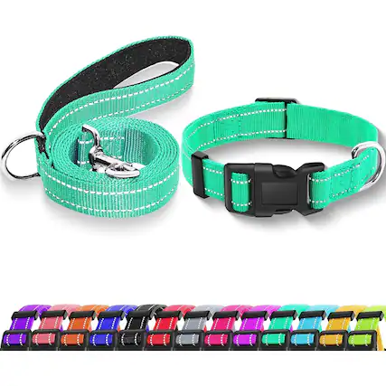 Front. MOSZAR LLC - Turquoise Reflective Dog Collar & Leash – Soft Nylon, Adjustable, Safety Buckle - Turquoise.