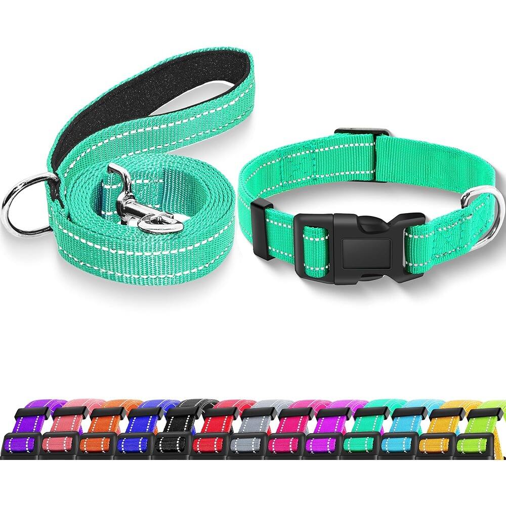 Front. MOSZAR LLC - Turquoise Reflective Dog Collar & Leash – Soft Nylon, Adjustable, Safety Buckle - Turquoise.