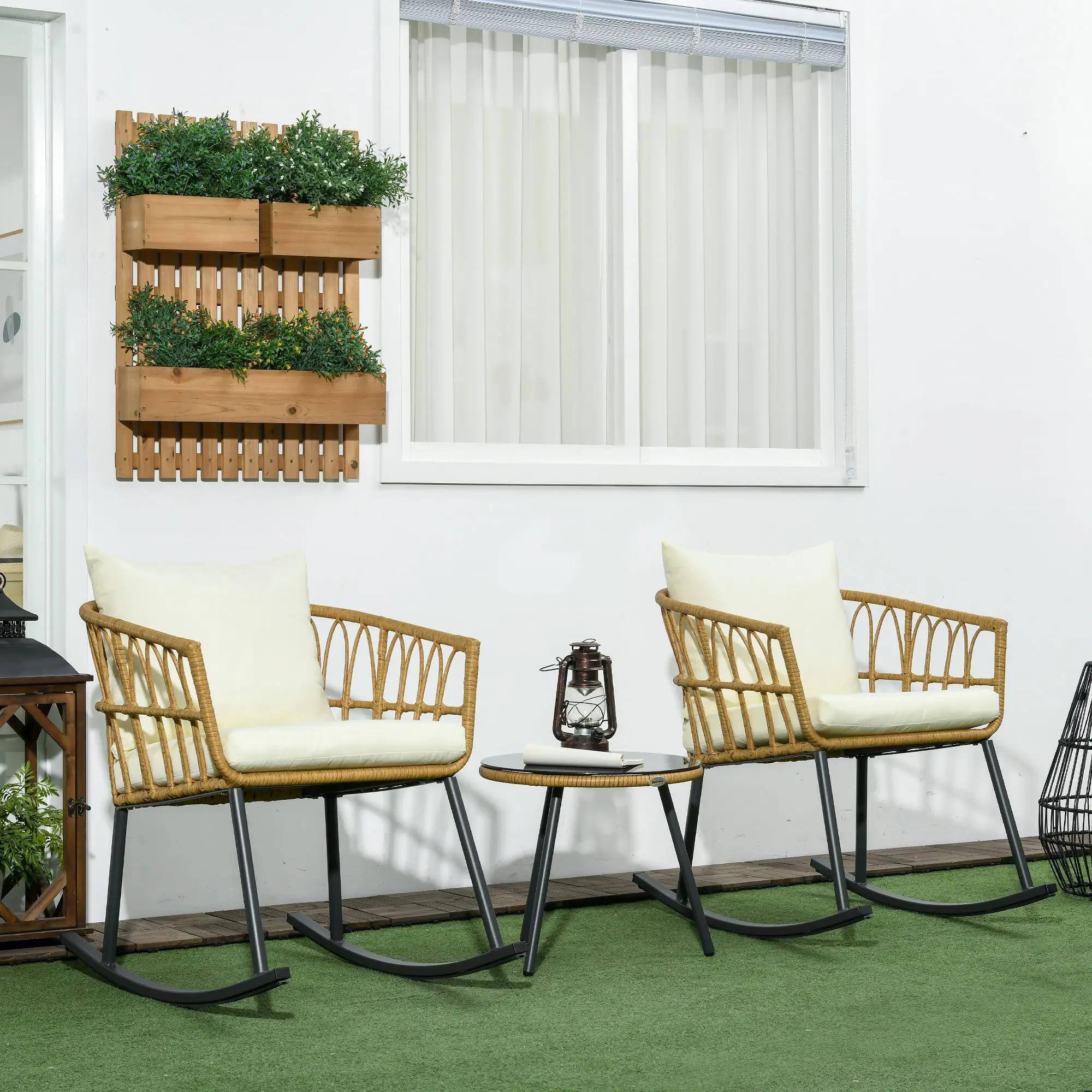 Left. Resenkos - Resenkos Wicker Bistro Set, 3-Pc Outdoor Rocking Chairs, Glass Coffee Table, Patio Conversation Set, Cream White - Cream White.
