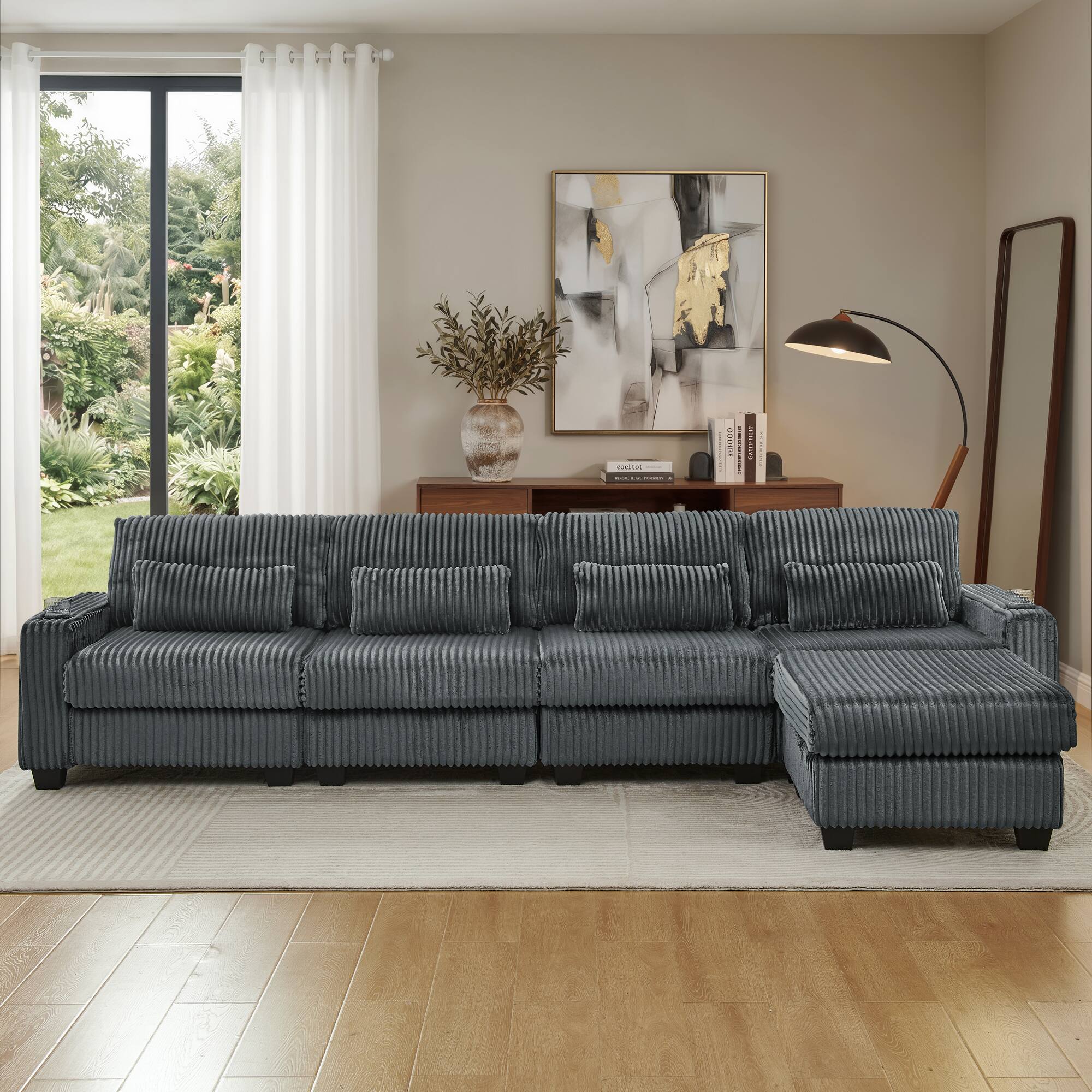 Angle. Whisen - 4-Seater L-Shaped Modular Corduroy Sectional Sofa with Ottoman for Living Room - Dark Gray.