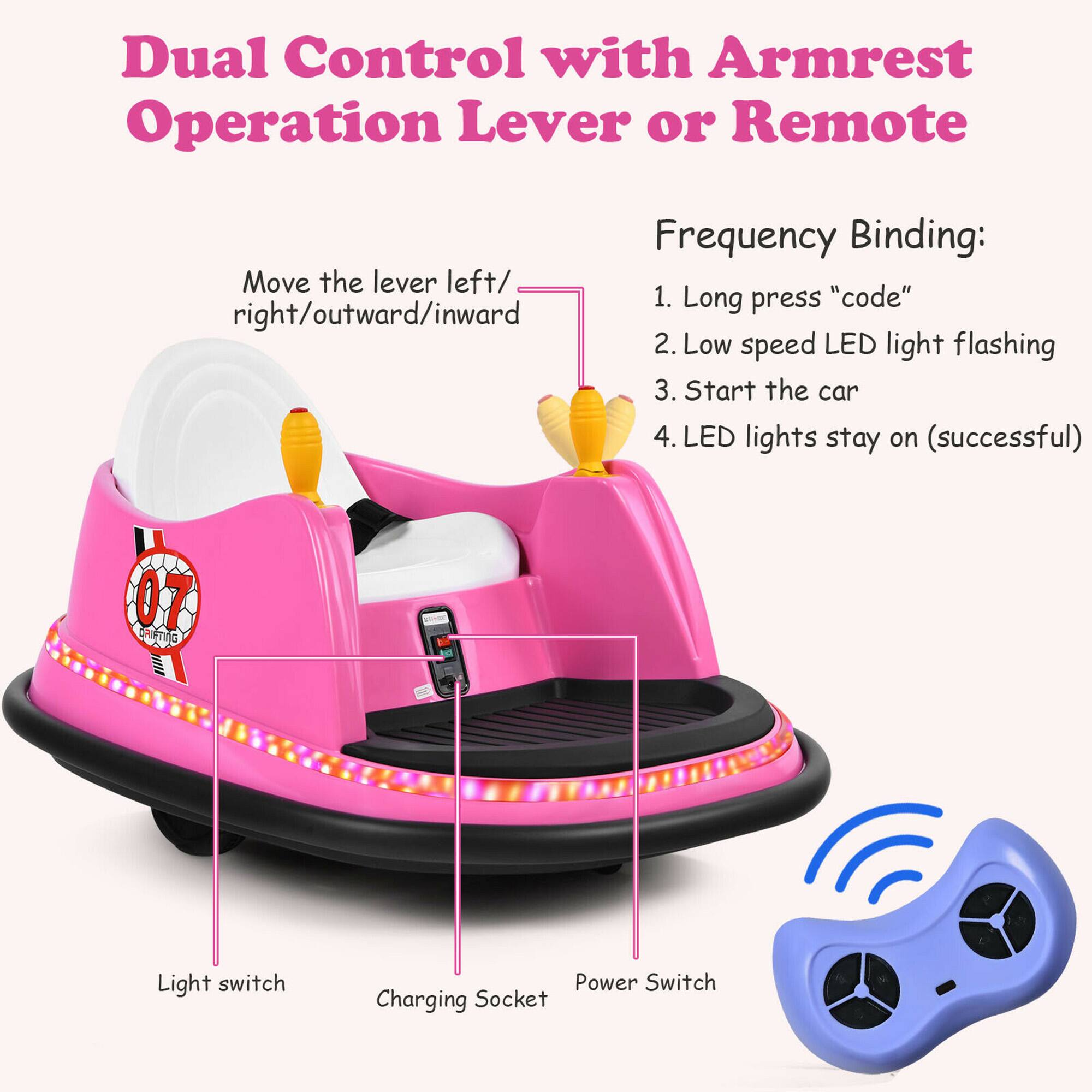 Dual Control with Armrest Operation Lever or Remote

Frequency Binding:
1. Long press "code"
2. Low speed LED light flashing
3. Start the car
4. LED lights stay on (successful)

Light switch
Power Switch
Charging Socket