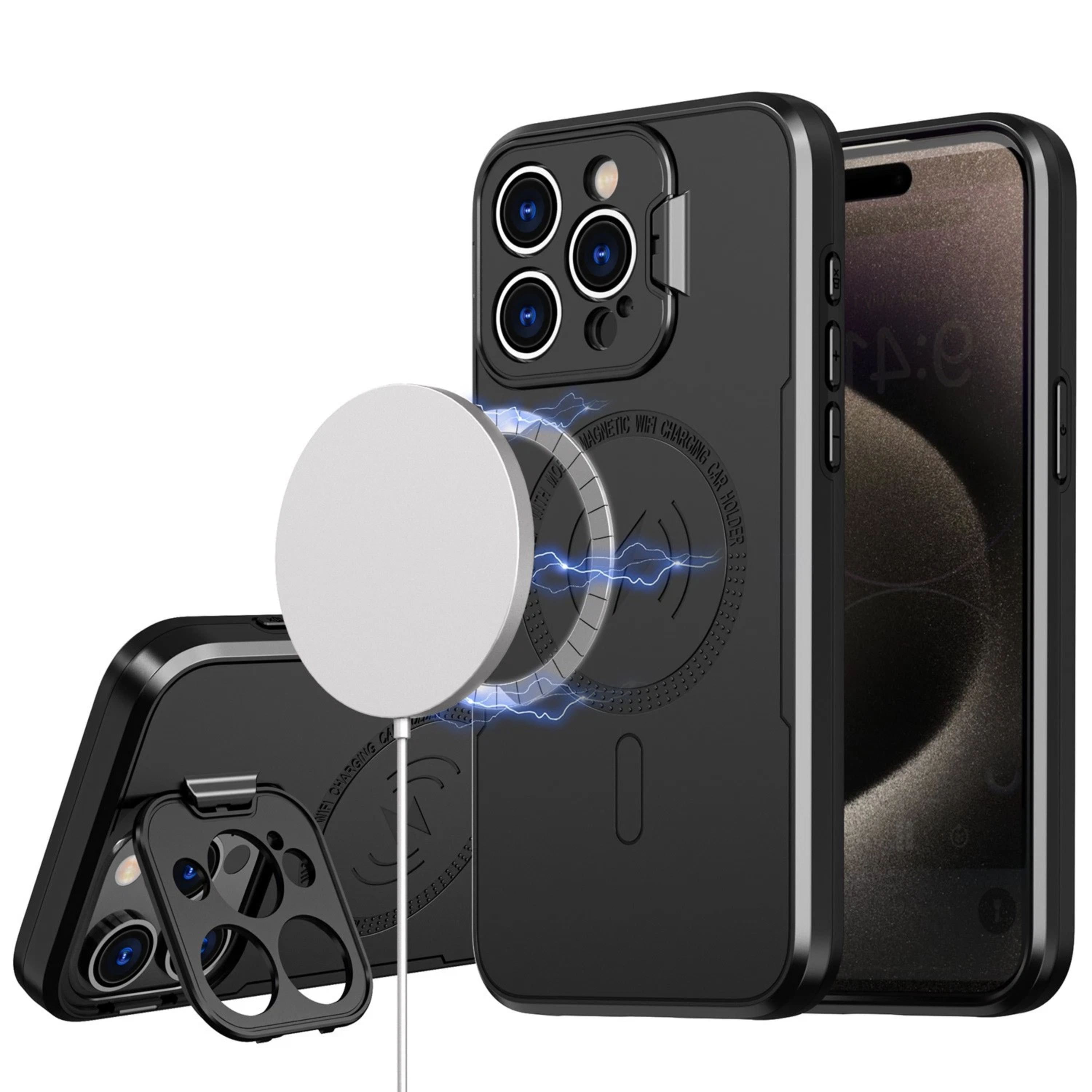 Kitcheniva - Magnetic Lens Stand Case For iPhone 14 Pro Max - Black