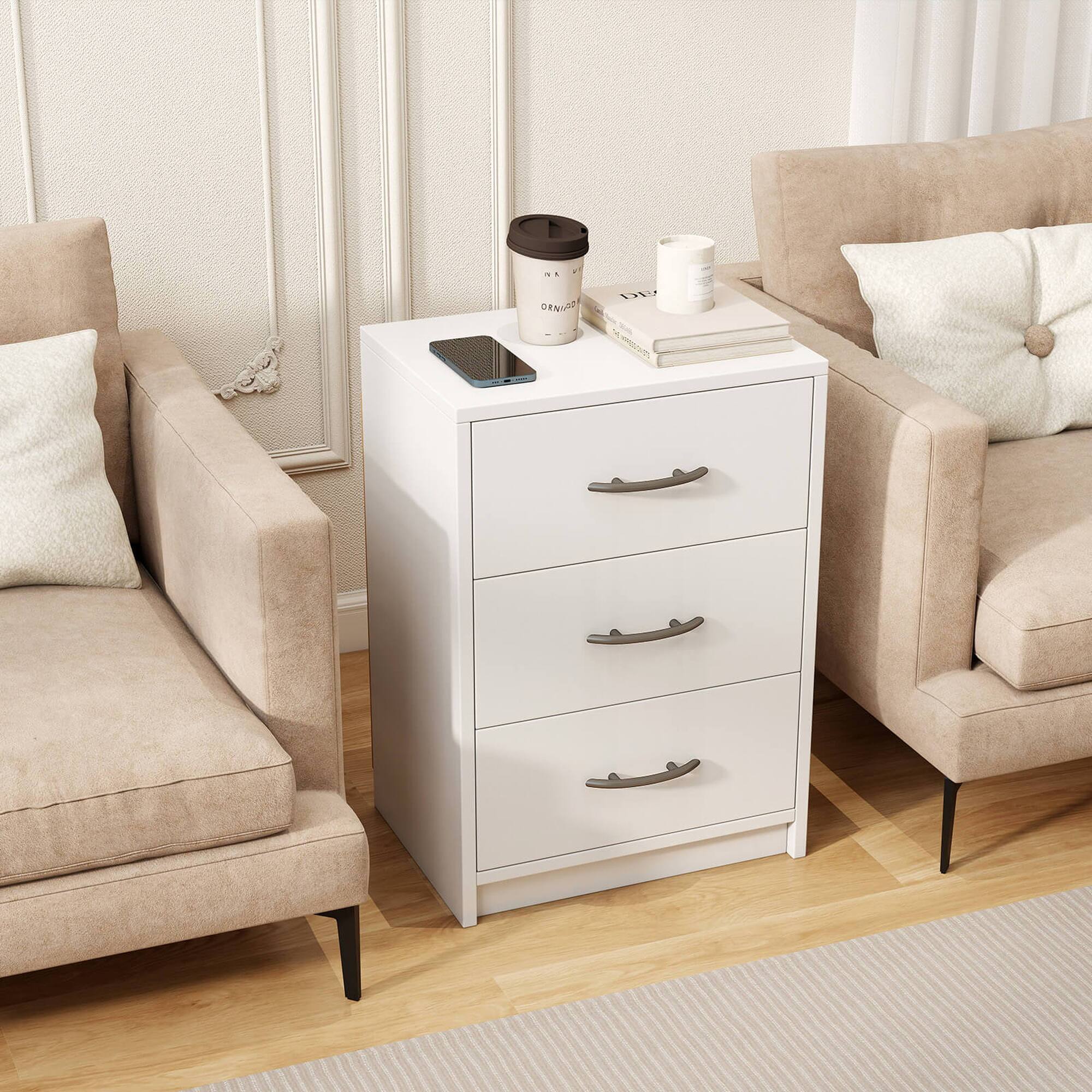Angle. Costway - 1 PCS 3-Drawer Nightstand Modern Bedside Table with Storage Anti-Toppling Kit for Bedroom - White.