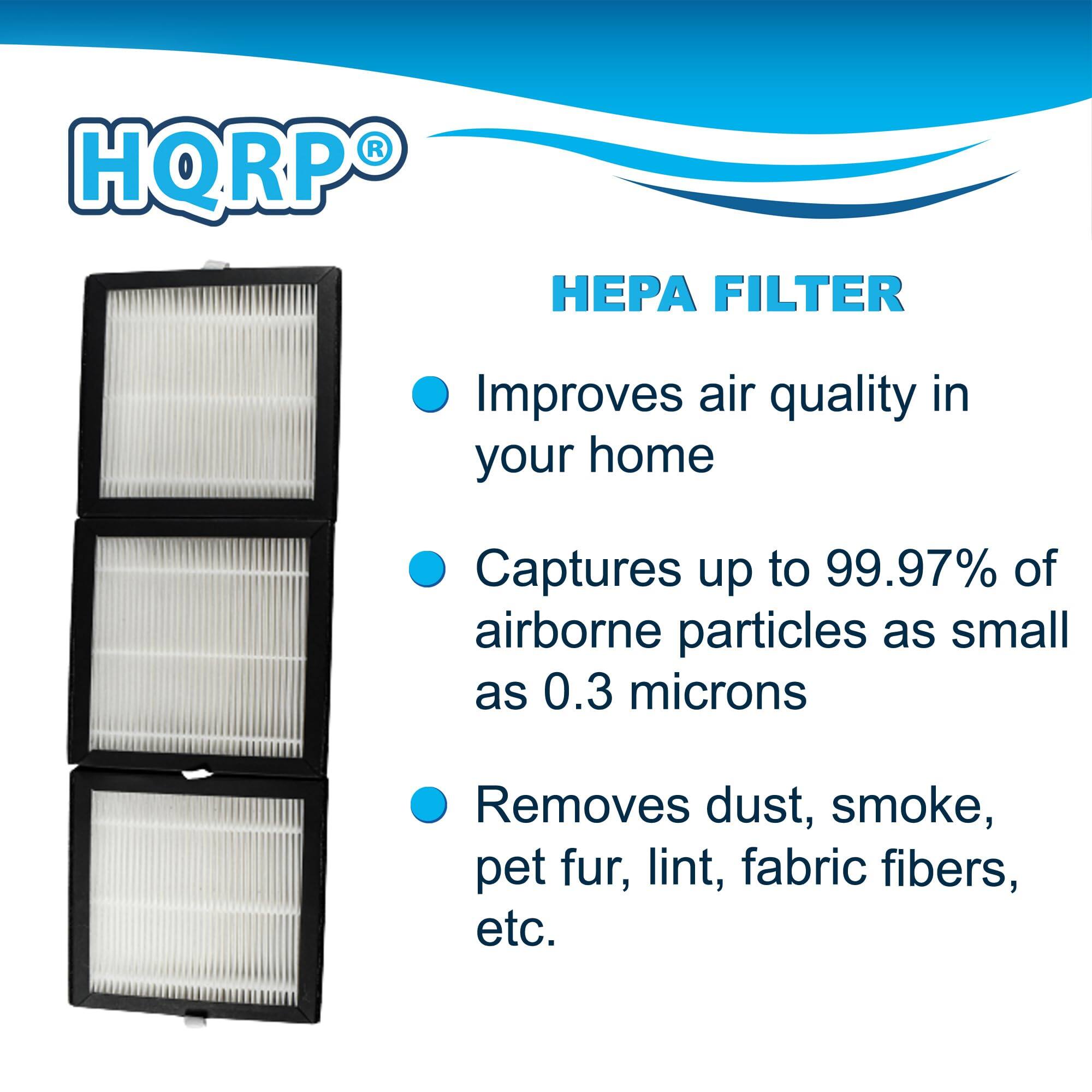HQRP HEPA FILTER  
Improves air quality in your home  
Captures up to 99.97% of airborne particles as small as 0.3 microns  
Removes dust, smoke, pet fur, lint, fabric fibers, etc.