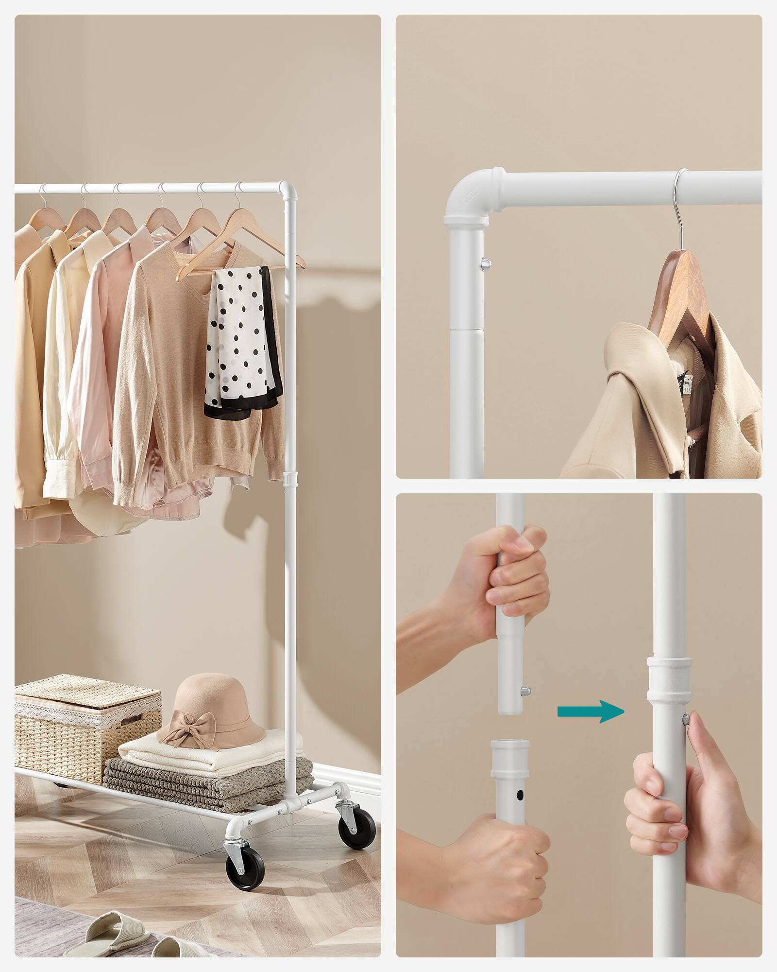 Alt View 1. Songmics Home - Heavy-Duty Clothes Rack, Clothing Rack for Hanging Clothes, Industrial Garment Rack on Wheels, Metal Frame - Matte White.