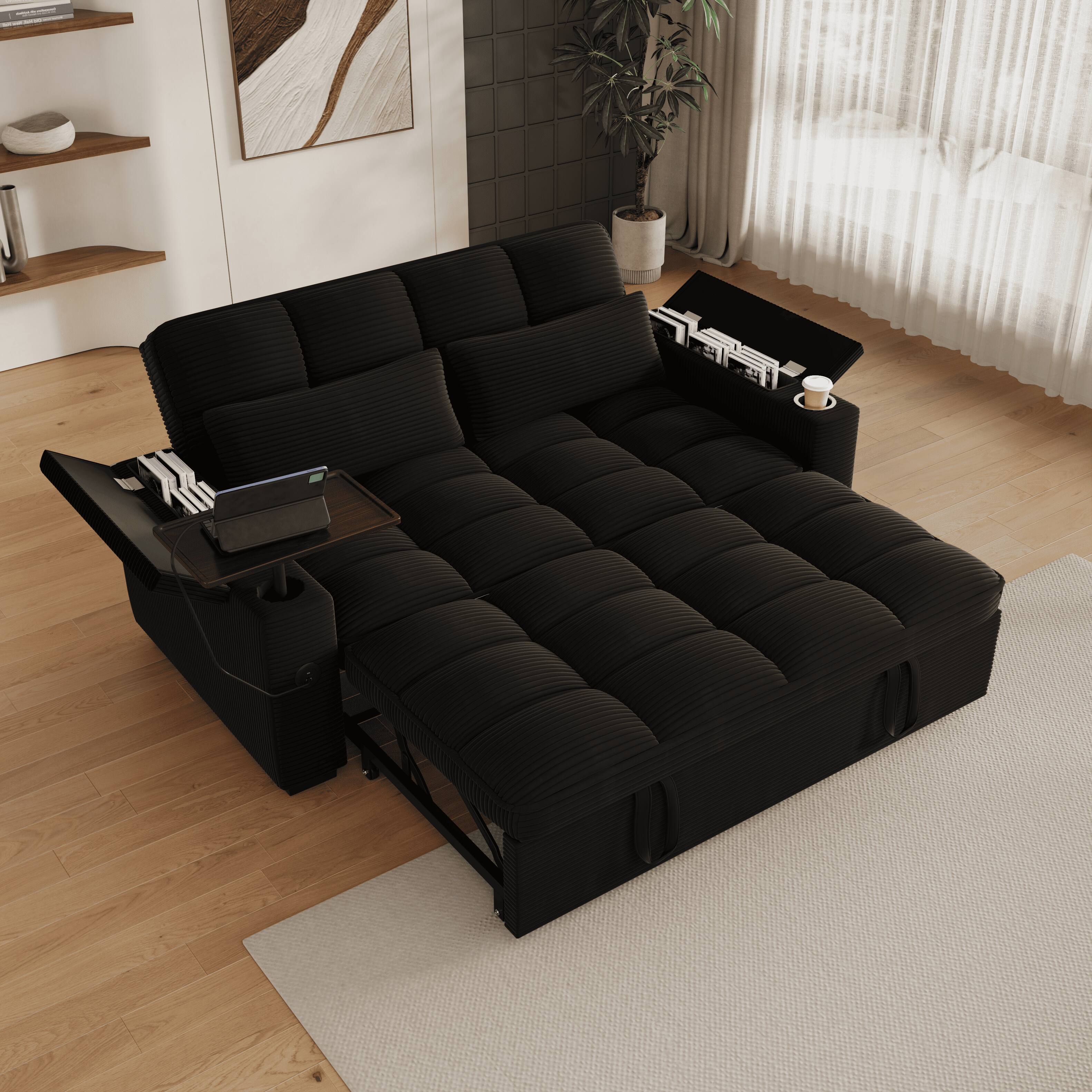 Left. Anysun - 65" 3-in-1 Corduroy Convertible Sofa Bed - Pullout Design with 360° Swivel Table, Easy Assembly for Living Room - Black.