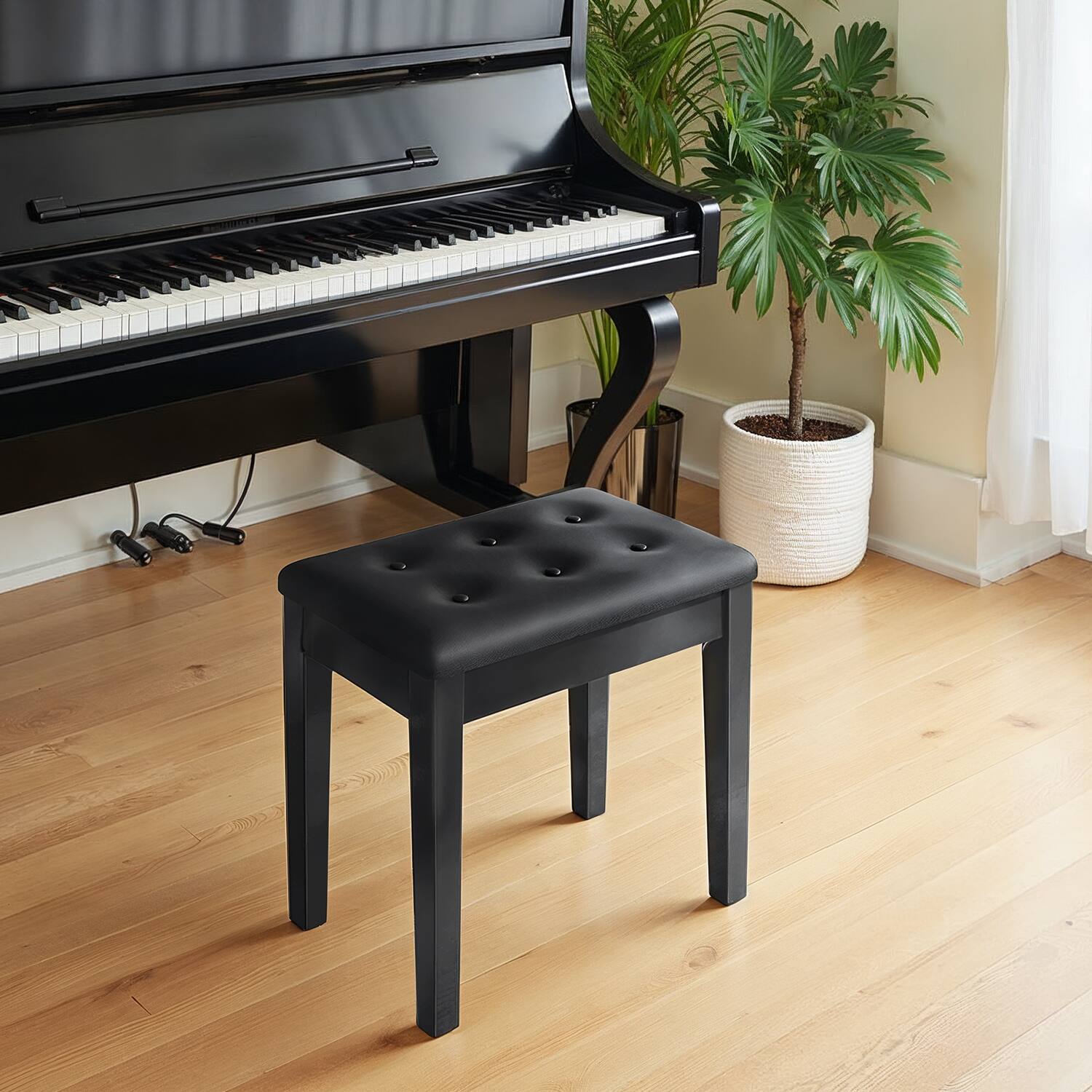 Angle. Songmics Home - Piano Bench with Padded Cushion and Storage Compartment for Music Books, Vanity Stool, Tufted Wooden Piano Seat - Black.