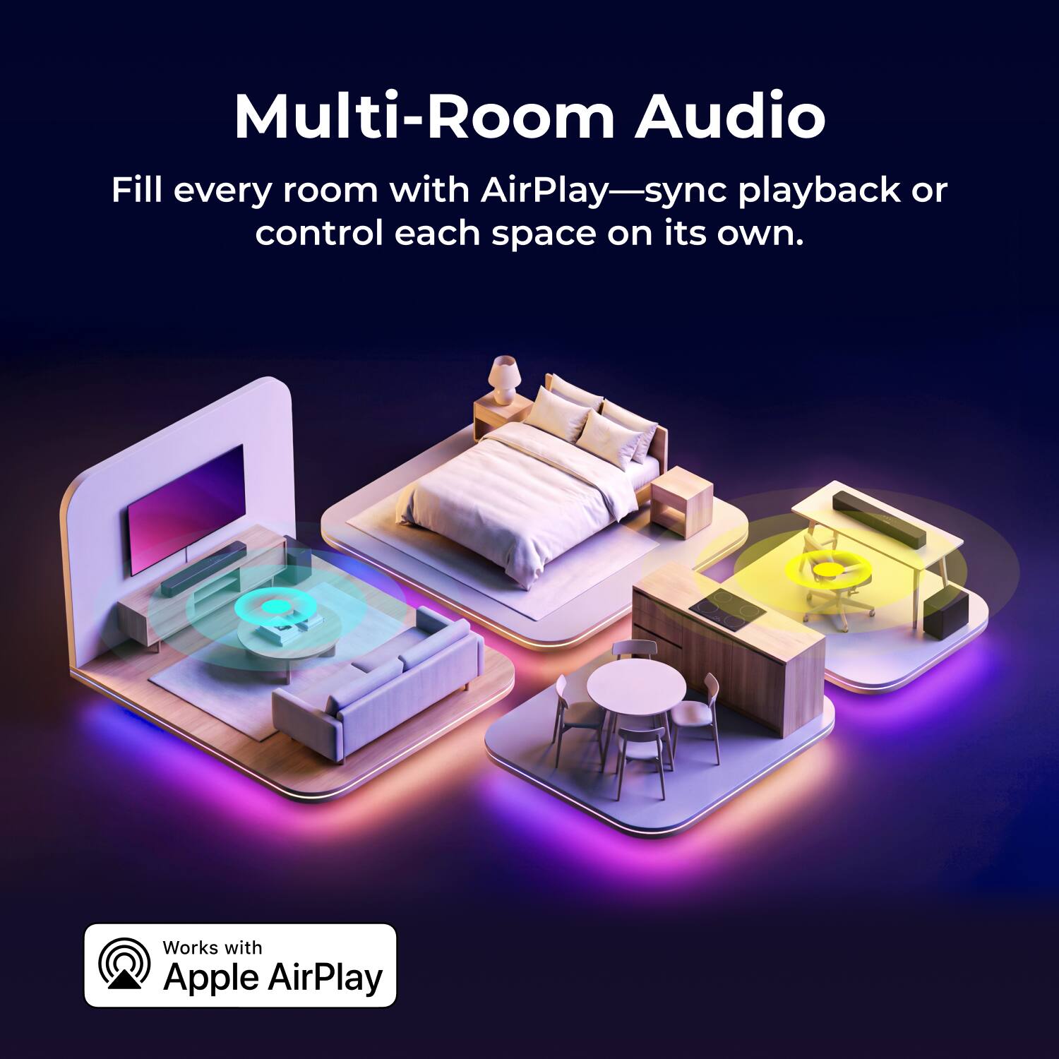 Multi-Room Audio  
Fill every room with AirPlay-sync playback or control each space on its own.  
Works with Apple AirPlay