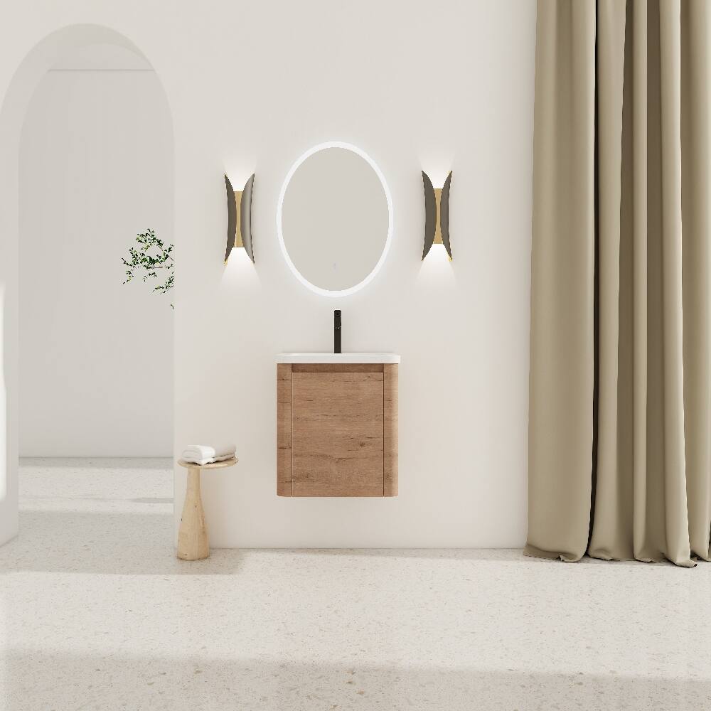 Left. Loheer - Loheer 24 inch wall mounted bathroom vanity with white ceramic sink and soft close door - Imitative Oak.