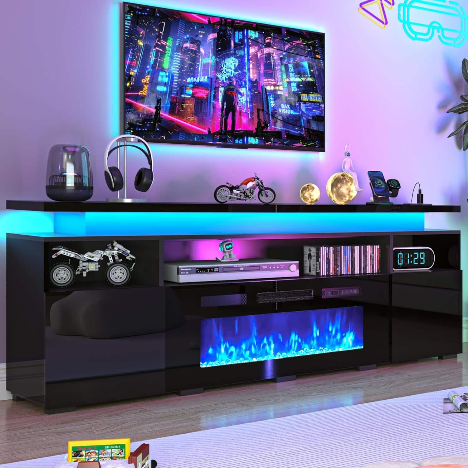 Espafurni - 70" TV Stand w/40" Fireplace & Charging Station, LED Lights, Storage – Fits 55-85" TVs, High Gloss - Black