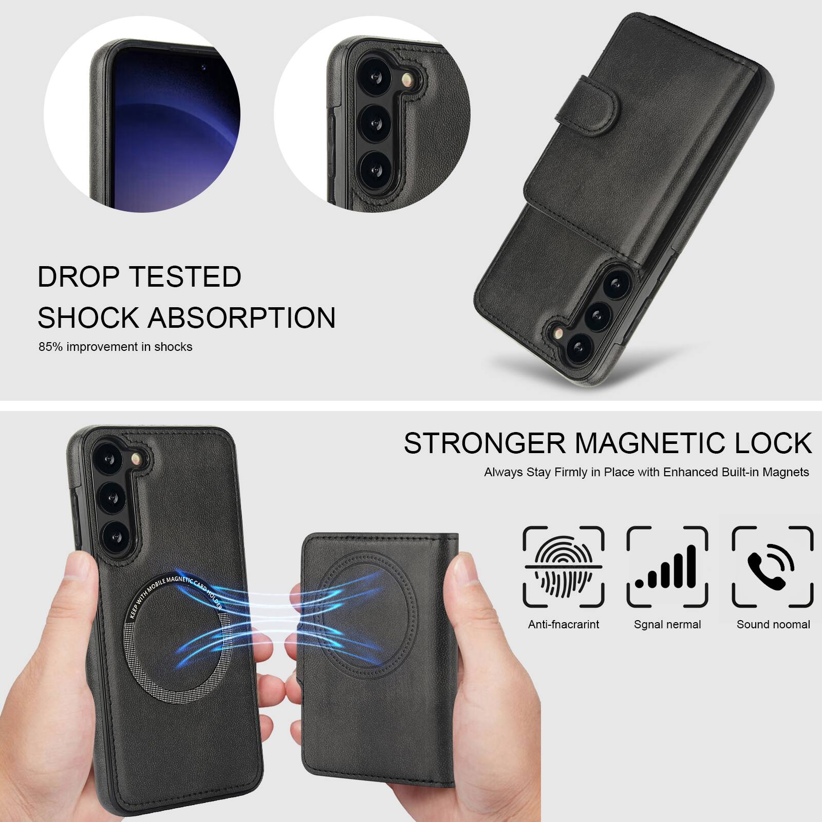 DROP TESTED  
SHOCK ABSORPTION  
85% improvement in shocks  

STRONGER MAGNETIC LOCK  
Always Stay Firmly in Place with Enhanced Built-in Magnets  

Anti-fingerprint  
Signal normal  
Sound normal