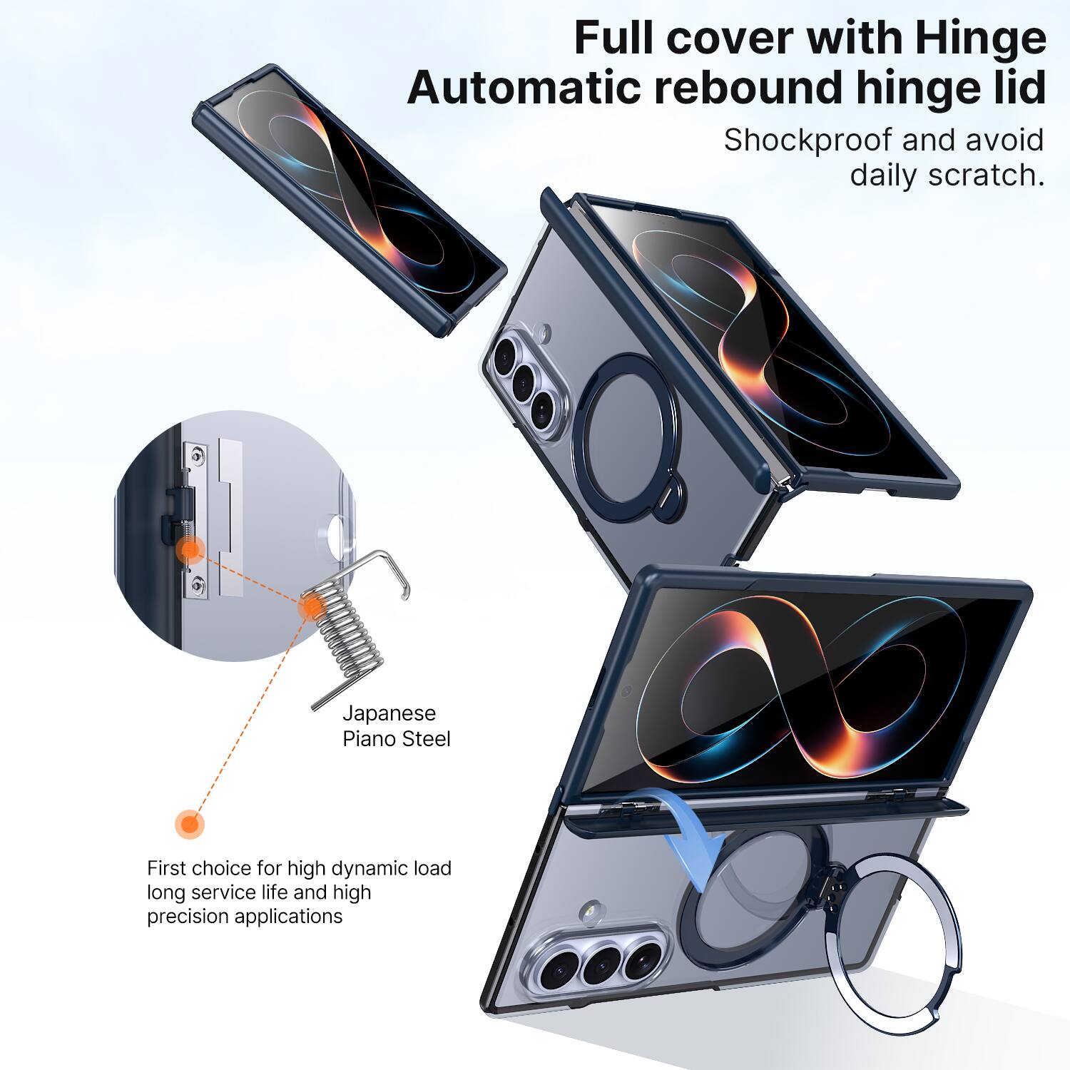 Full cover with Hinge Automatic rebound hinge lid  
Shockproof and avoid daily scratch.  

Japanese Piano Steel  
First choice for high dynamic load, long service life, and high precision applications