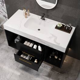 Loheer - 39.4 inch floating bathroom vanity Wall Mounted Cabinet with Ceramic Sink Sintered Stone Top - White/Black