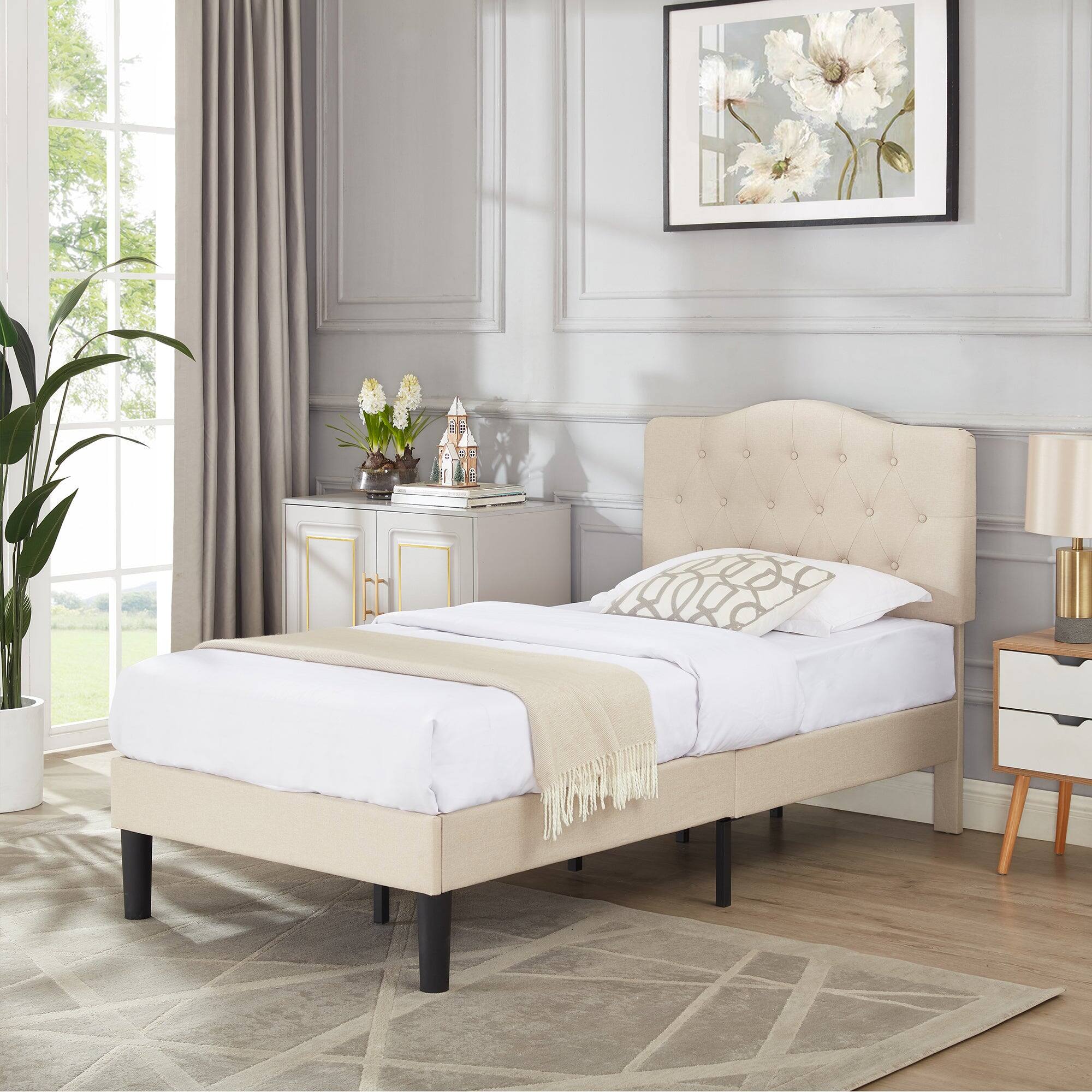 Back. Vecelo - Queen Upholstered Platform Bed Frame with Adjustable Tufted Headboard, Heavy-Duty Metal & Wood Slats, Noise-Free Design - Beige.