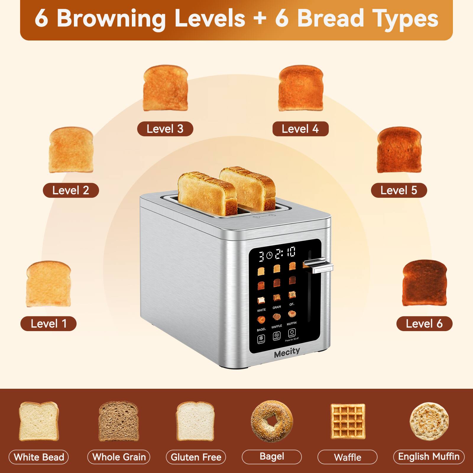 6 Browning Levels + 6 Bread Types

Level 3
Level 4
Level 2
Level 5
Level 1
Level 6

White Bread
Whole Grain
Gluten Free
Bagel
Waffle
English Muffin