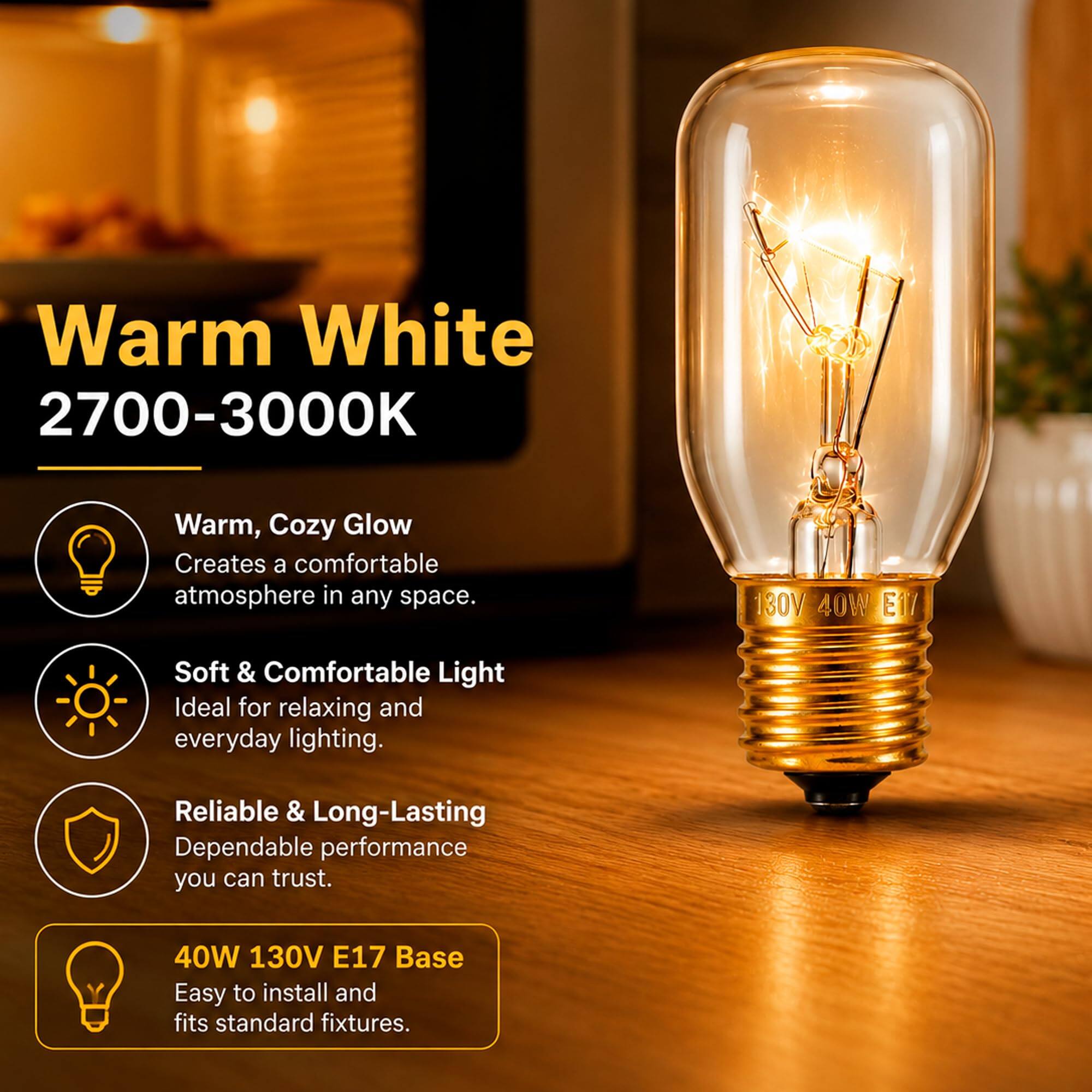Warm White 2700-3000K

Warm, Cozy Glow
Creates a comfortable atmosphere in any space.

Soft & Comfortable Light
Ideal for relaxing and everyday lighting.

Reliable & Long-Lasting
Dependable performance you can trust.

40W 130V E17 Base
Easy to install and fits standard fixtures.