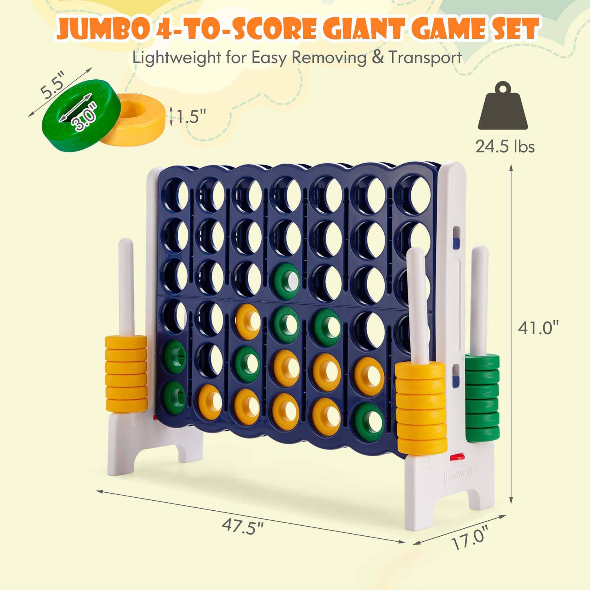 JUMBO 4-TO-SCORE GIANT GAME SET  
Lightweight for Easy Removing & Transport  

- 5.5"  
- 3.0"  
- 1.5"  
- 24.5 lbs  
- 41.0" (ccue)  
- 47.5"  
- 17.0"