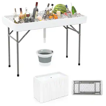 Front. Costway - Costway 4 Foot Ice Cooler Folding Table Outdoor Portable Ice Bin Table with Large Sink - White.