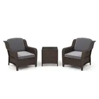 Costway 3 PCS Outdoor Patio Furniture Set with Cushions and Tempered Glass Coffee Table - Gray + Mix Brown - Front_Zoom