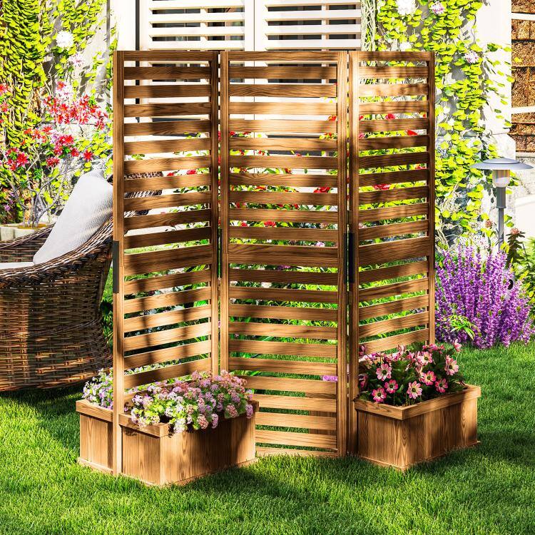 Alt View 2. PULUZ - Wood Privacy Screen w/ 4 Planter Box, Raised Bed w/ 3 Panels & Drainage Holes - Natural.
