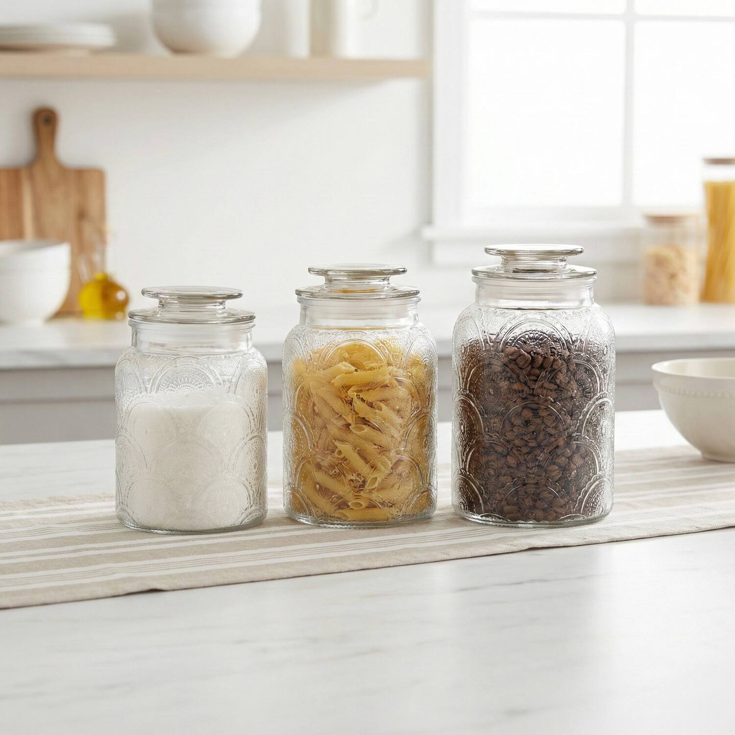 Angle. Style Setter - Canister Set 3-Piece Glass Jars in 34oz, 44oz & 54oz Retro Design.