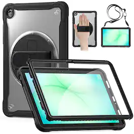 Dteck - Rugged Case for Samsung Galaxy Tab A11+ Built-in Screen Protector, Shockproof Kickstand Cover with Shoulder Strap - Black