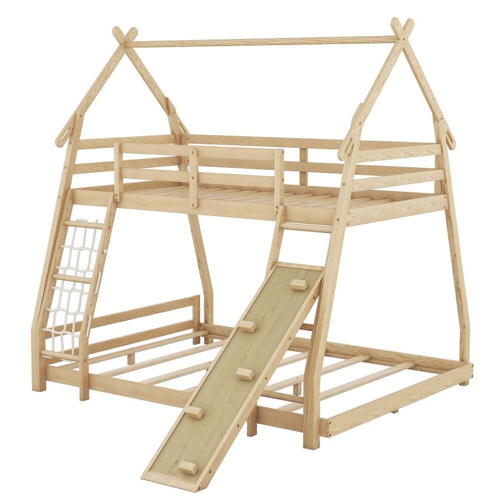Alt View 9. Loheer - Loheer Twin Over Queen House Bunk Bed with Climbing Net Ramp Natural - Natural.