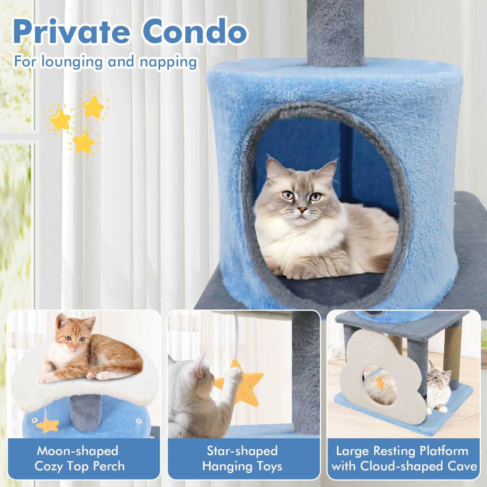 Private Condo  
For lounging and napping  

Moon-shaped Cozy Top Perch  
Star-shaped Hanging Toys  
Large Resting Platform with Cloud-shaped Cave