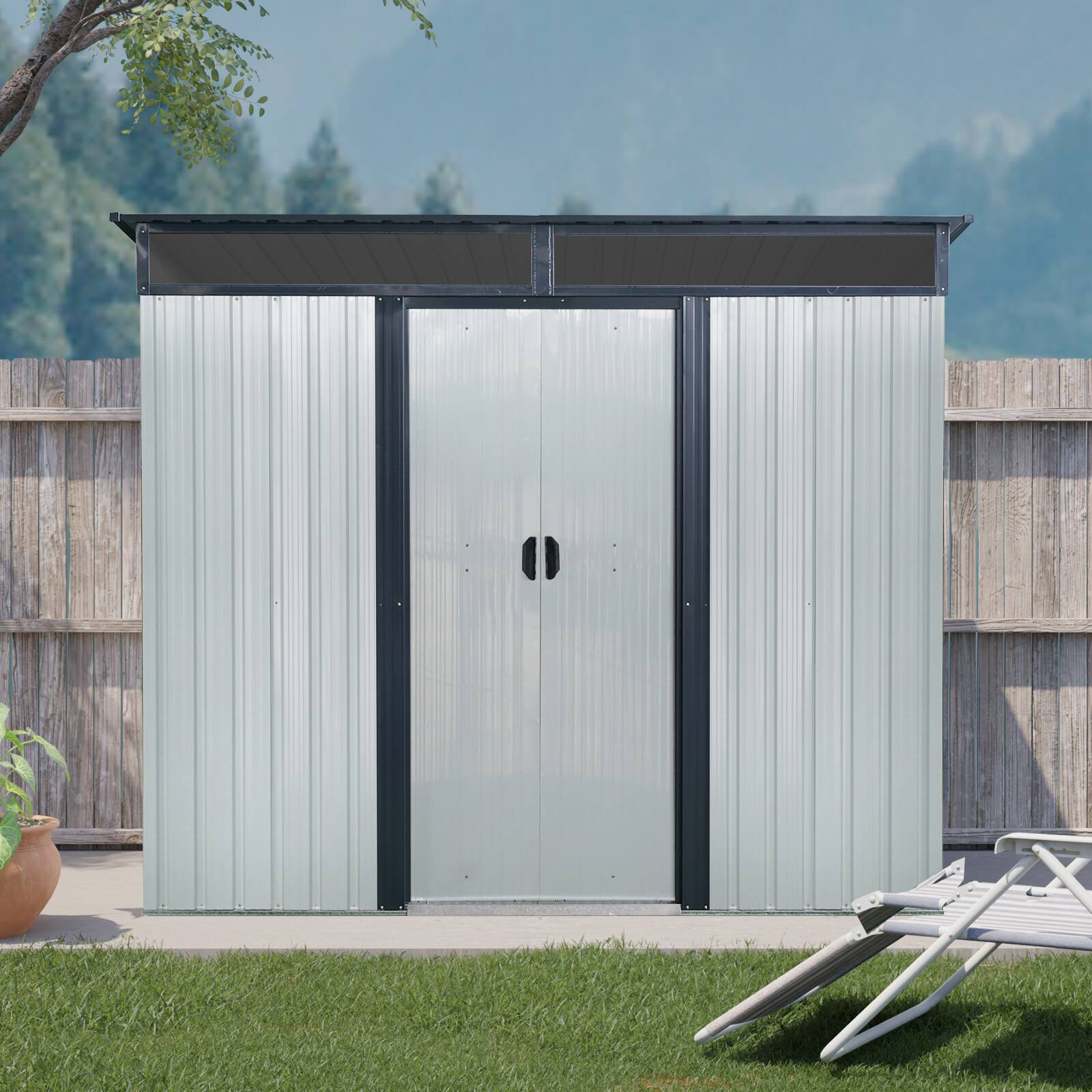 Angle. Mondawe - 8ft x 6ft Outdoor Metal Storage with Lockable Sliding Doors - White+Black.